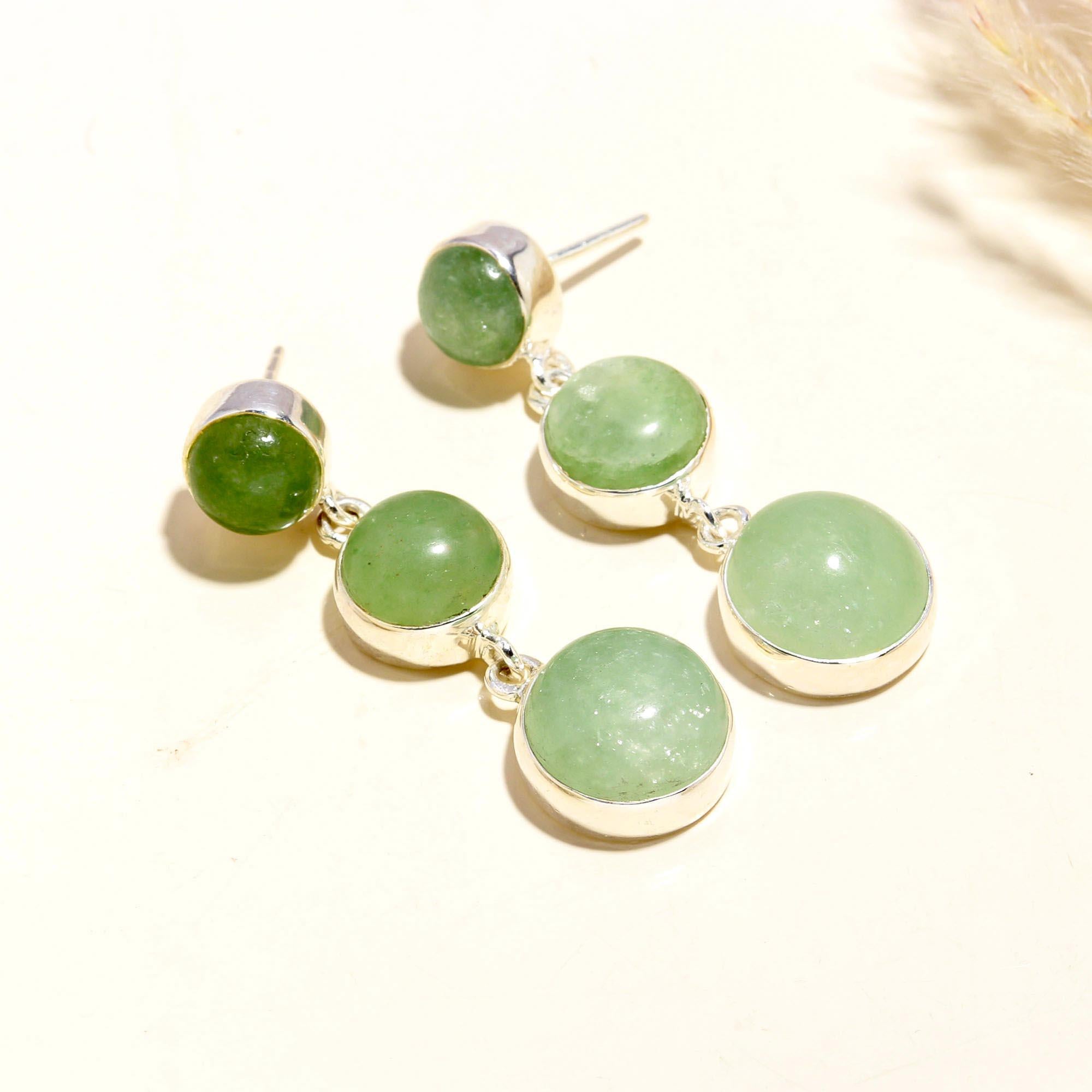 The Jade Cascade: Green Jade & Silver Triple Drop Earrings