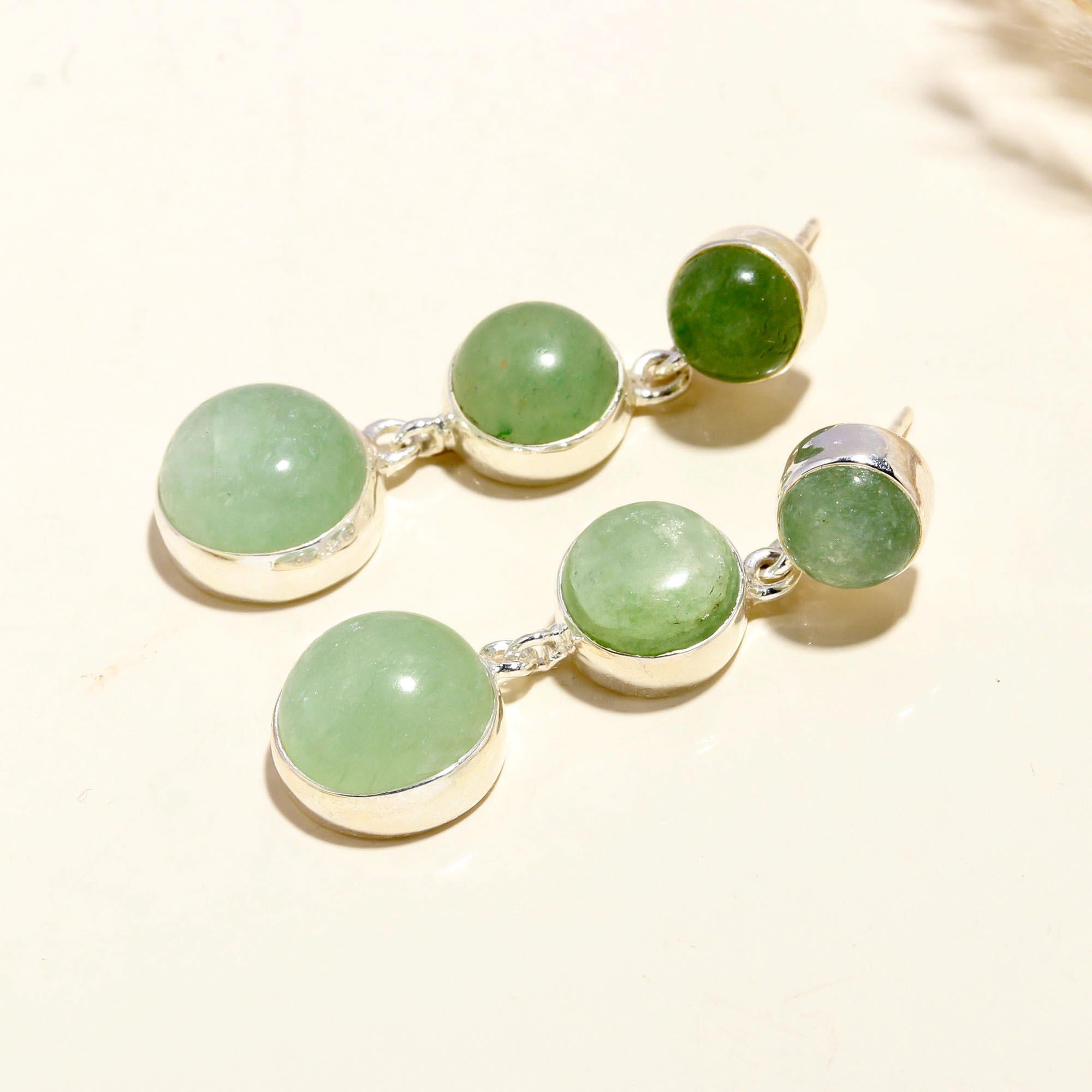 925 Sterling Silver Green Jade Dangle Earrings