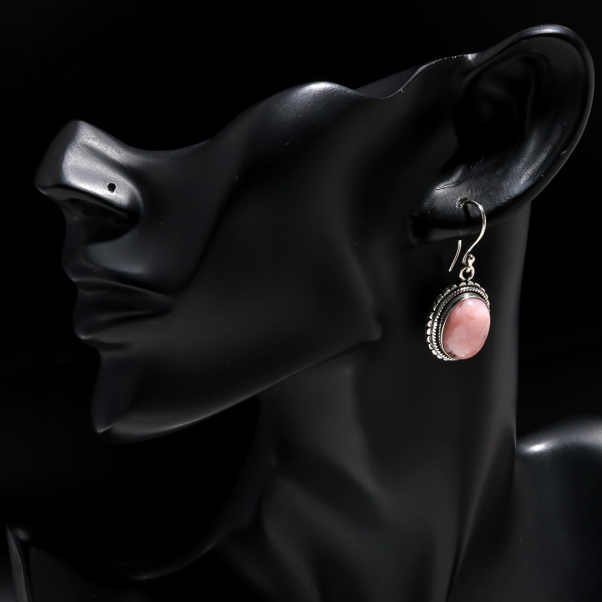 925 Sterling Silver Pink Rhodonite Vintage Boho Dangle Earrings