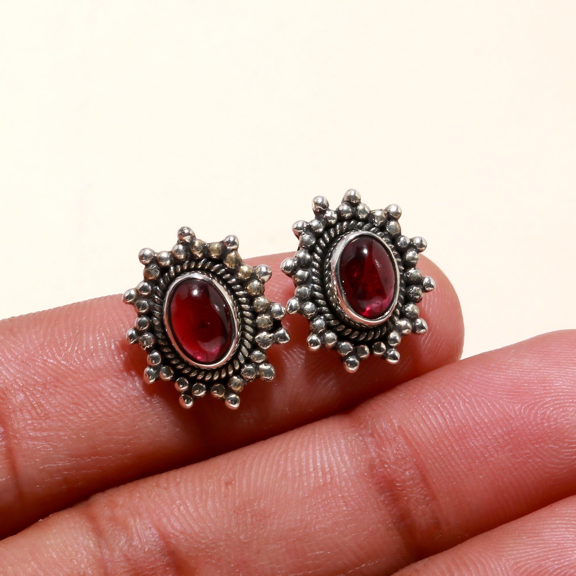 925 Sterling Silver Garnet Vintage Boho Stud Earrings