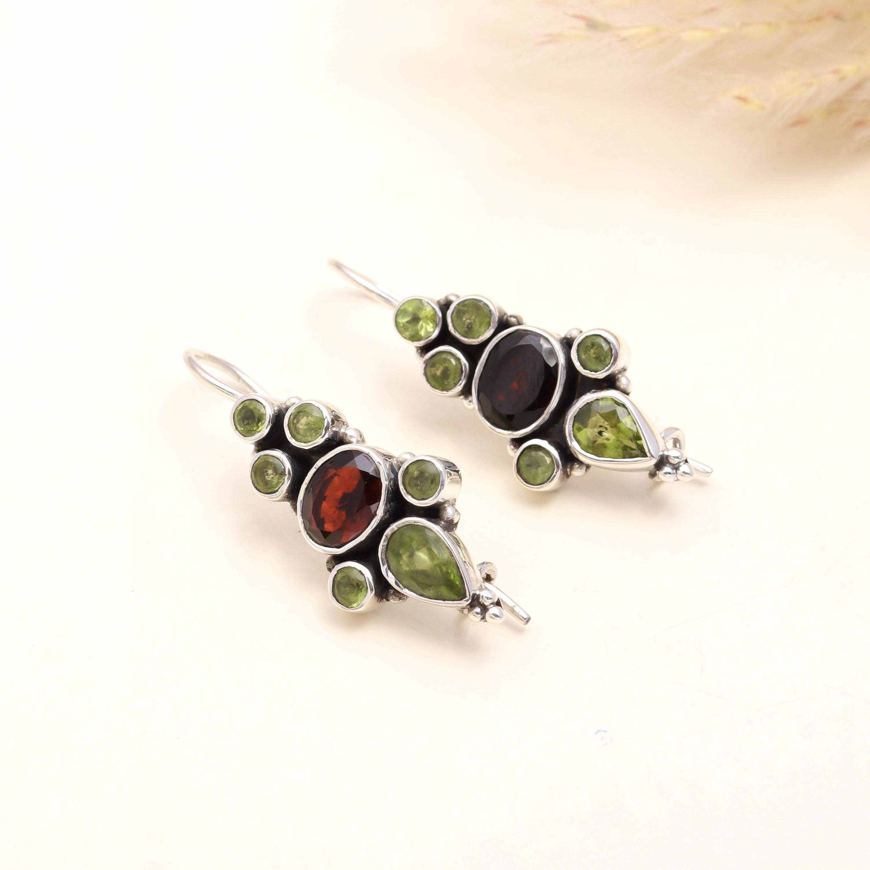 925 Sterling Silver Garnet & Peridot Vintage Boho Dangle Earrings
