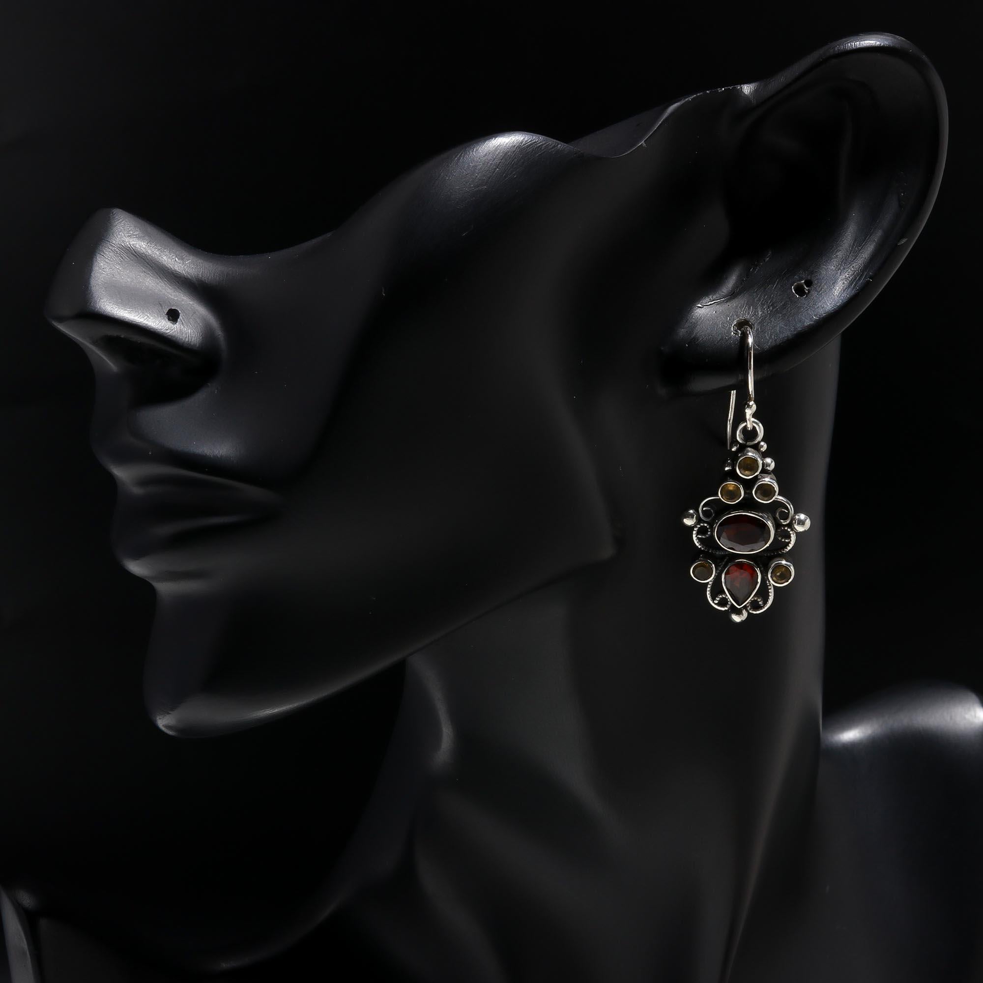 925 Sterling Silver Garnet & Citrine Vintage Boho Dangle Earrings