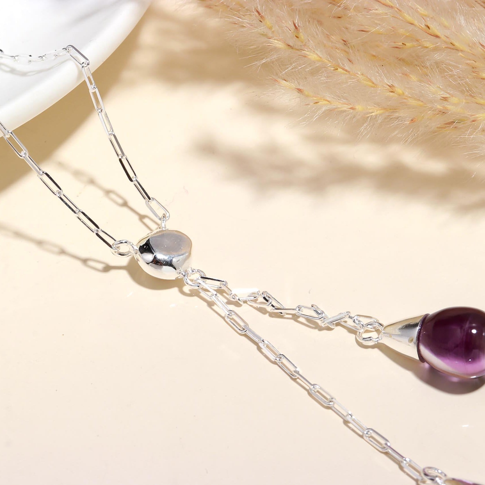 925 Sterling Silver Amethyst Teardrop Pendants Necklace