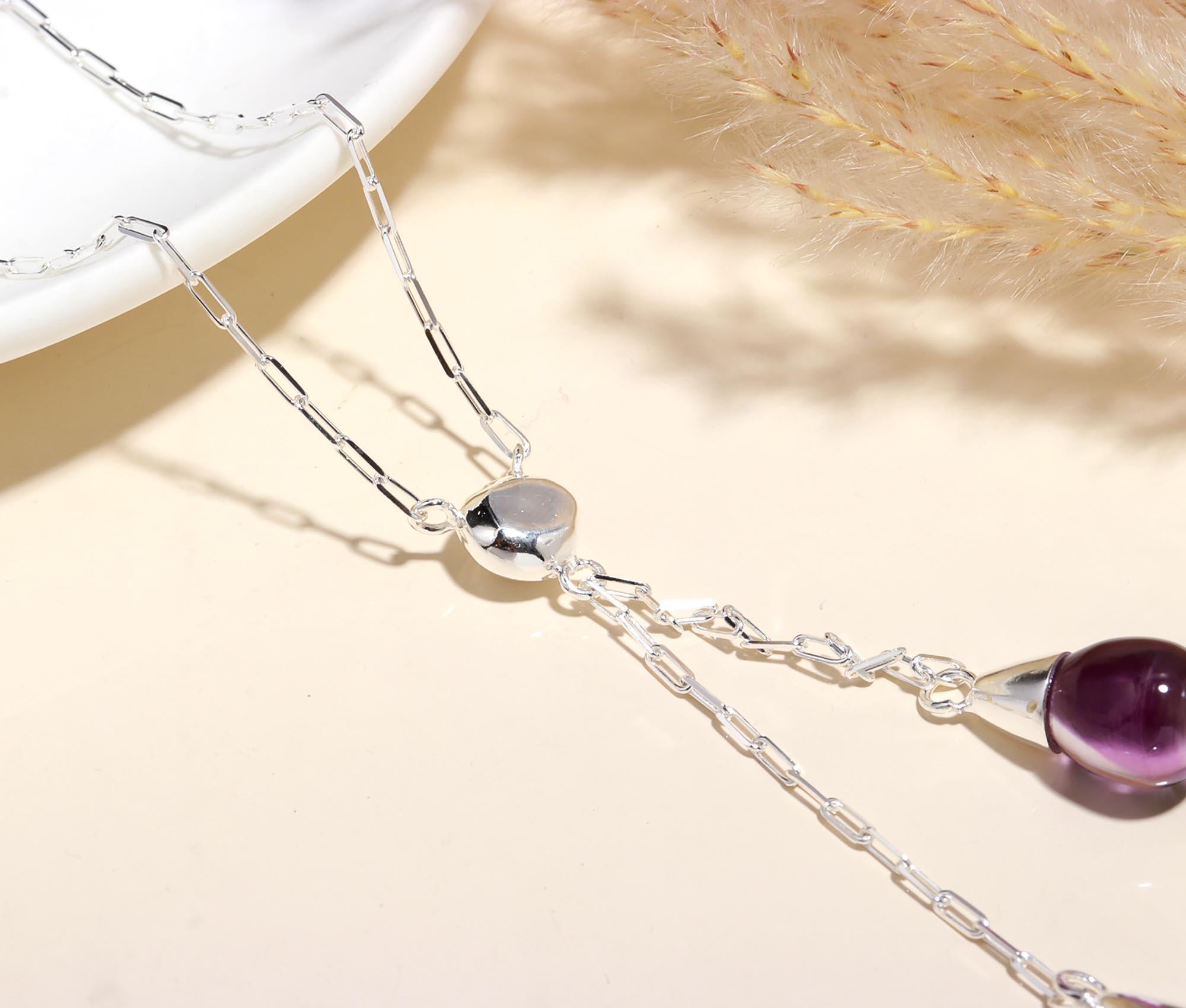 925 Sterling Silver Amethyst Teardrop Pendants Necklace