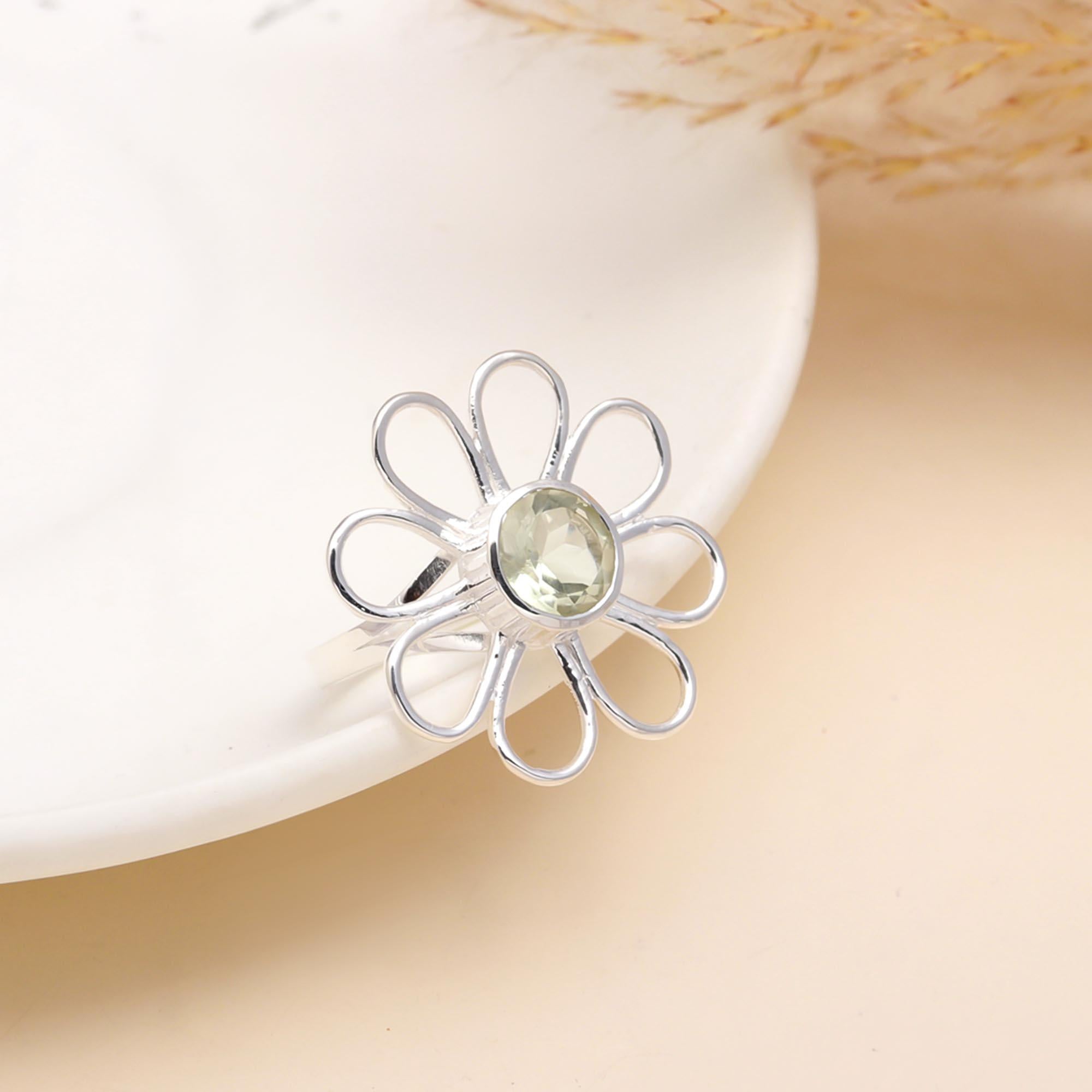925 Sterling Silver Unique Floral Ring with Round Gemstone