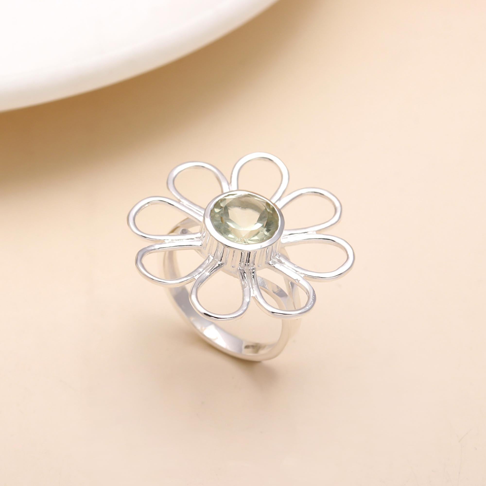 925 Sterling Silver Unique Floral Ring with Round Gemstone