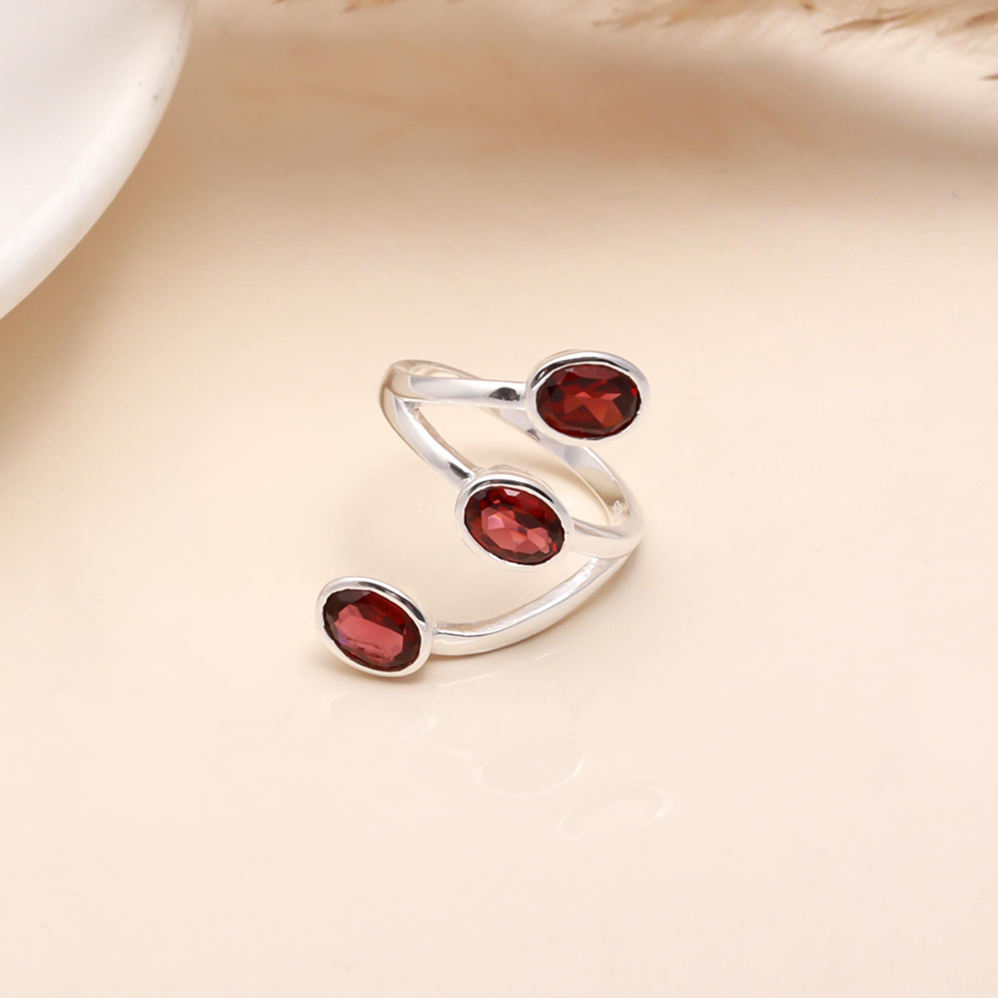 925 Sterling Silver Triple Oval Red Garnet Ring
