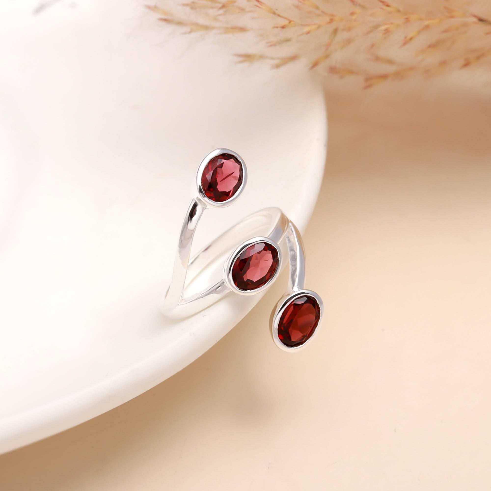 925 Sterling Silver Triple Oval Red Garnet Ring