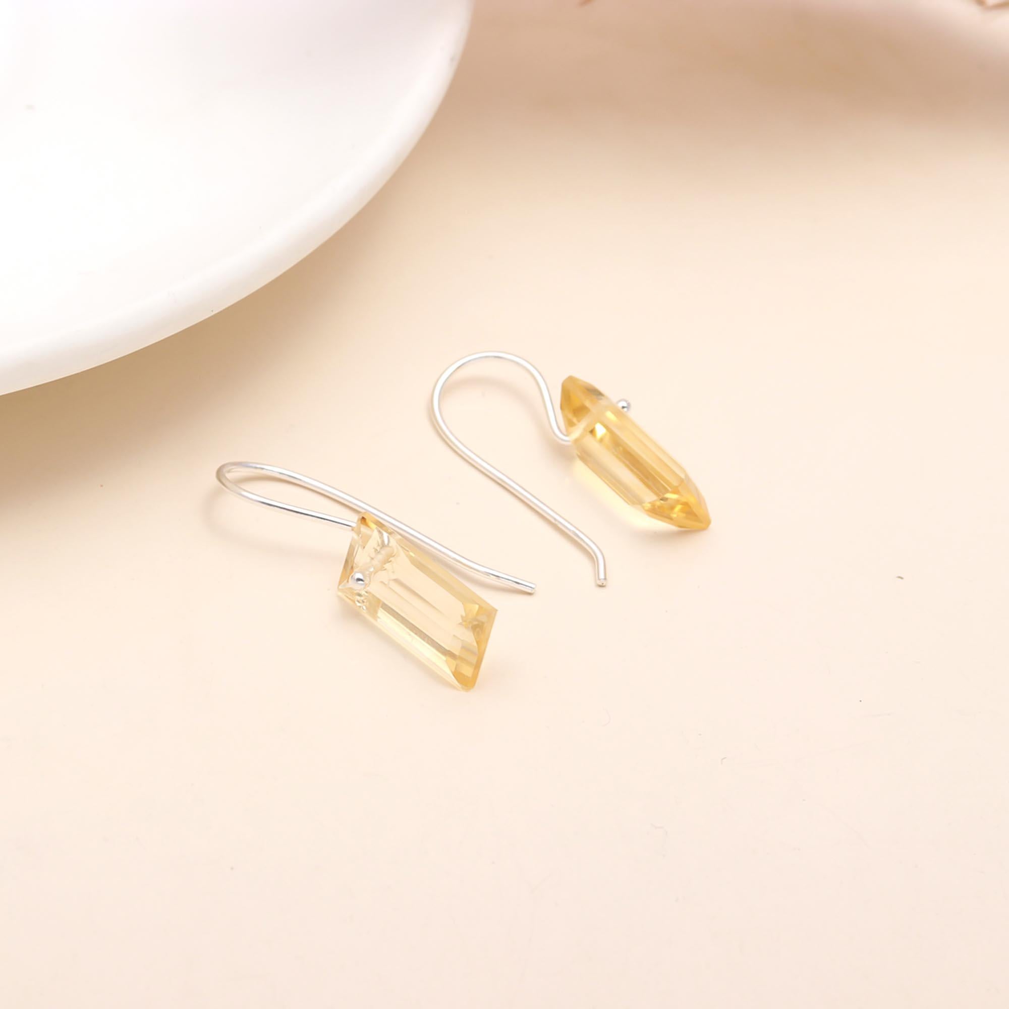 925 Sterling Silver Baguette Citrine Dangle Earrings