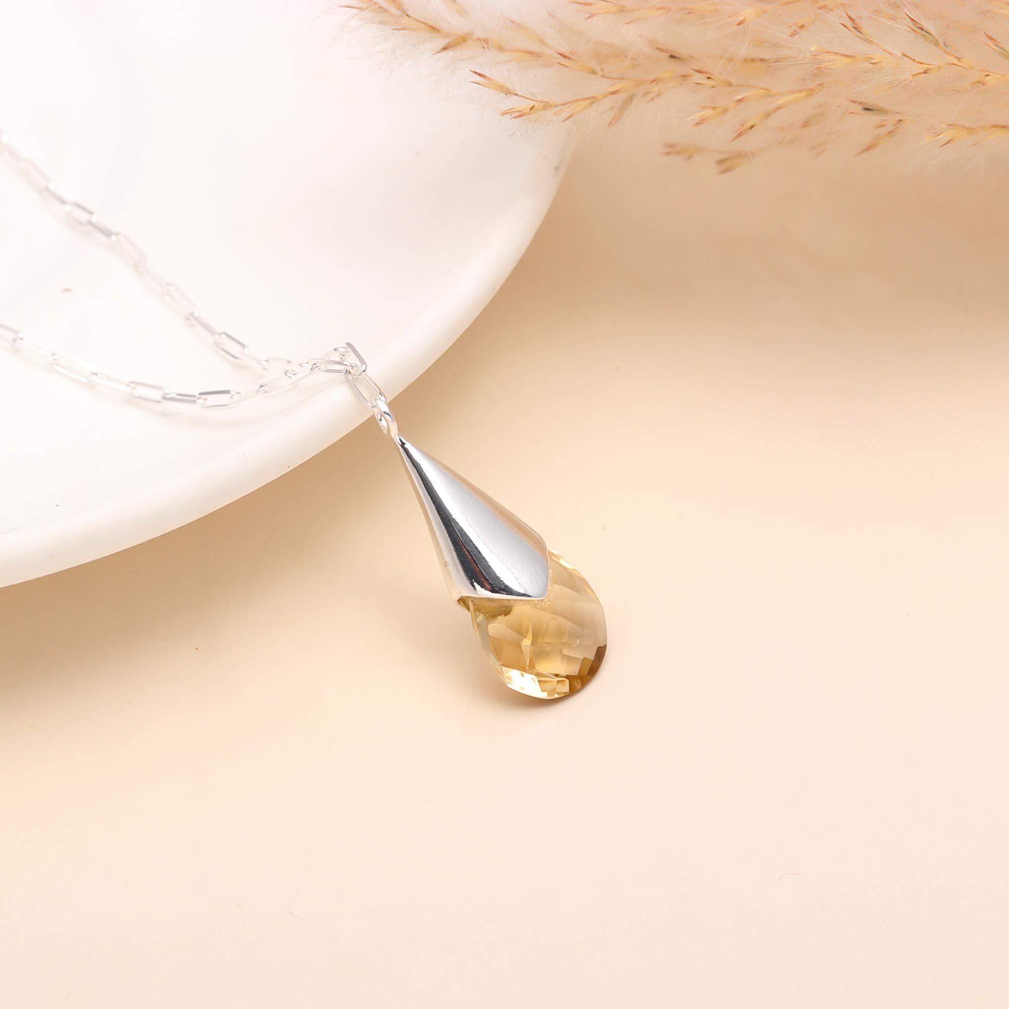 925 Sterling Silver Citrine Teardrop Pendant Necklace