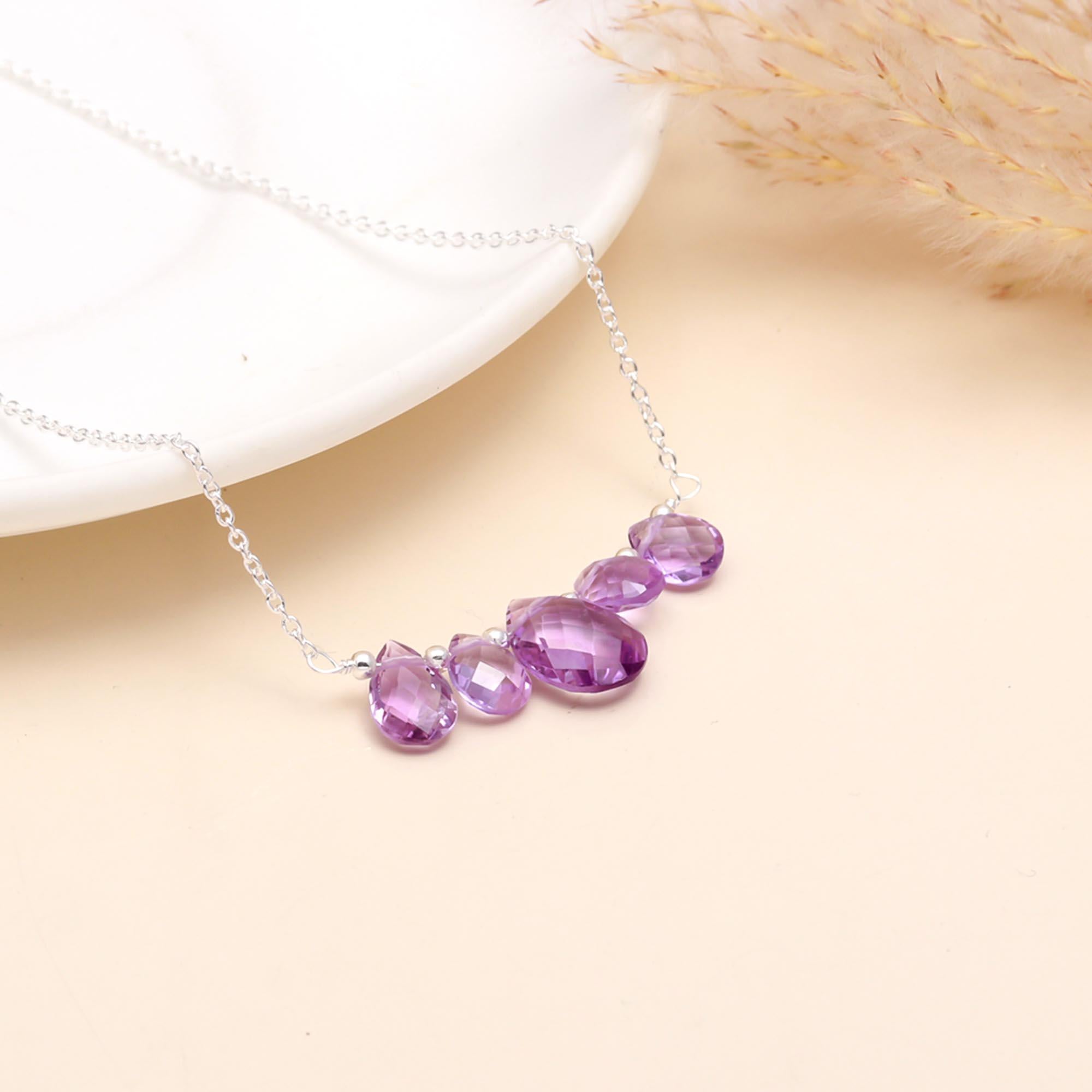 925 Sterling Silver Teardrop Amethyst Cluster Pendant Necklace