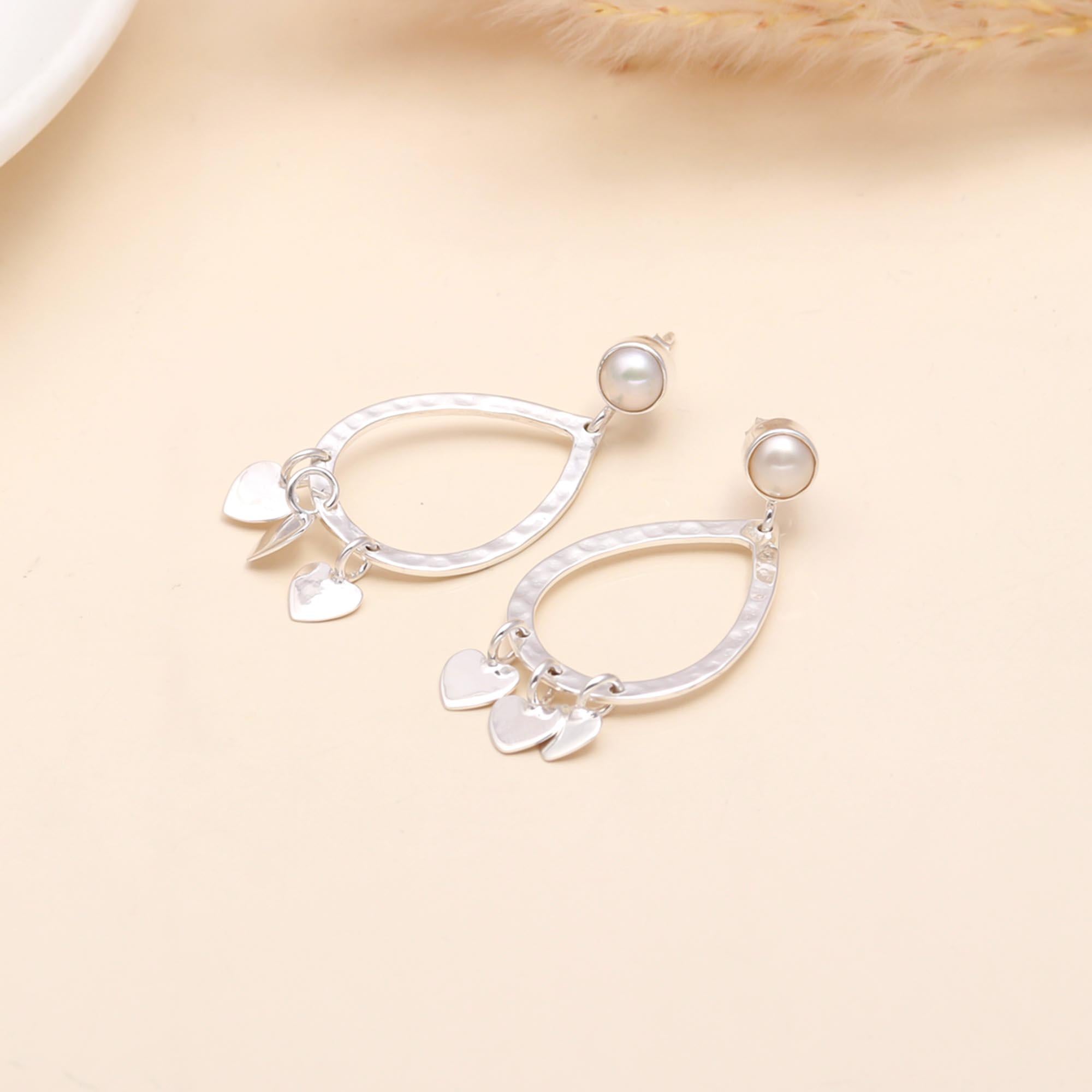 925 Sterling Silver Teardrop Dangle Earrings with Pearl & Heart Charms