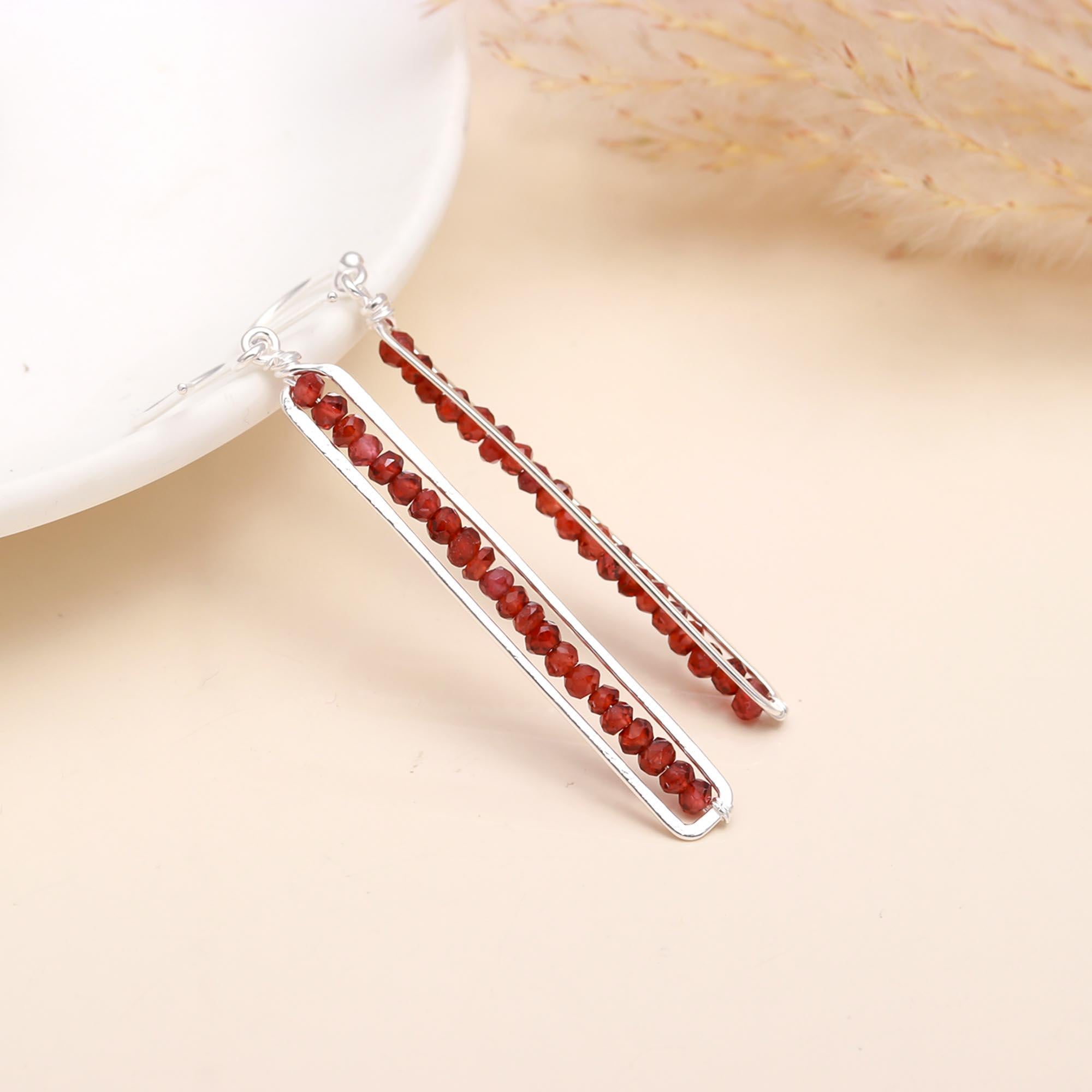 925 Sterling Silver Garnet Modern Long Dangle Earrings