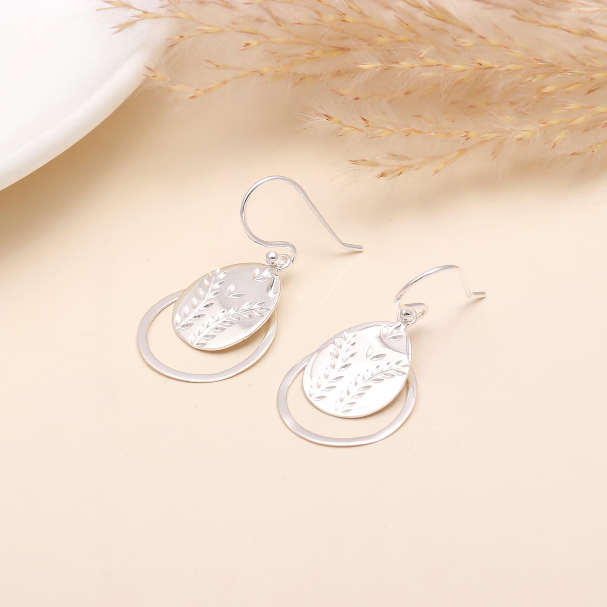 925 Sterling Silver Engraved Leaf Drop Earrings