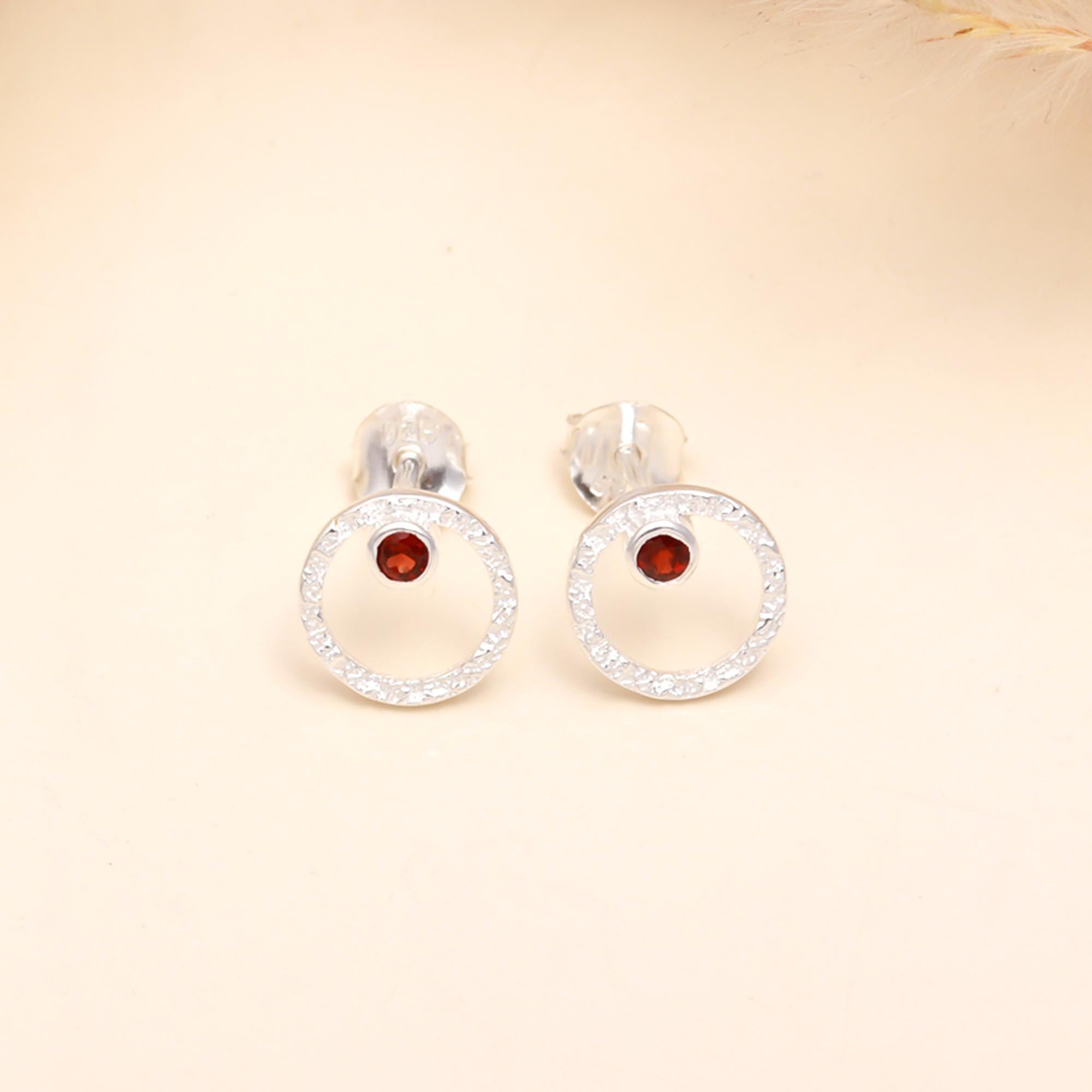 925 Sterling Silver Circle Red Garnet Stud Earrings