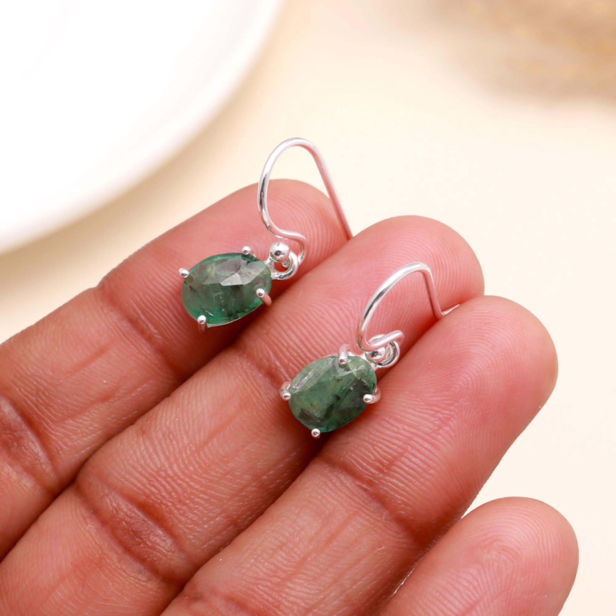 925 Sterling Silver Natural Emerald Dangle Earrings