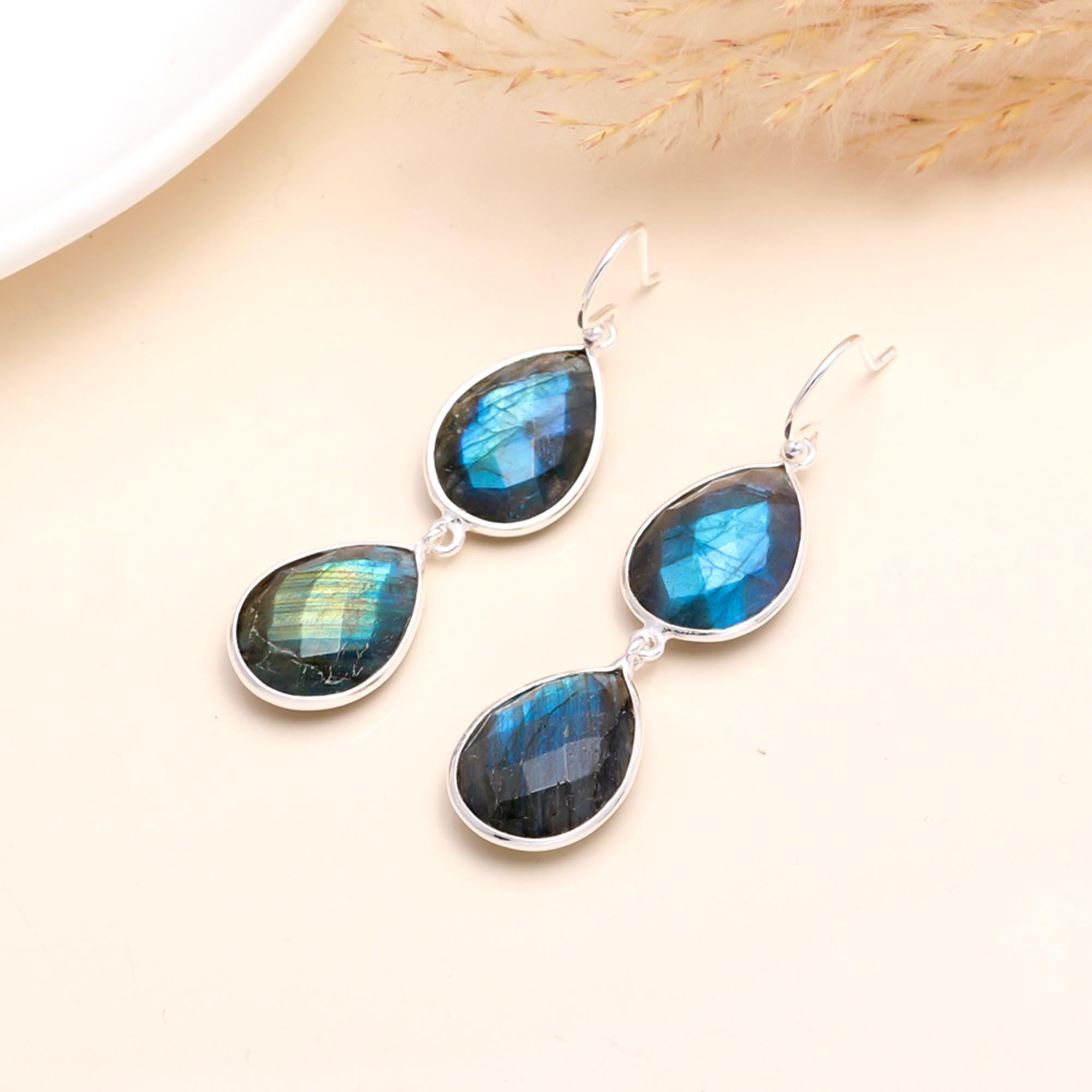 925 Sterling Silver Labradorite Double Drop Earrings