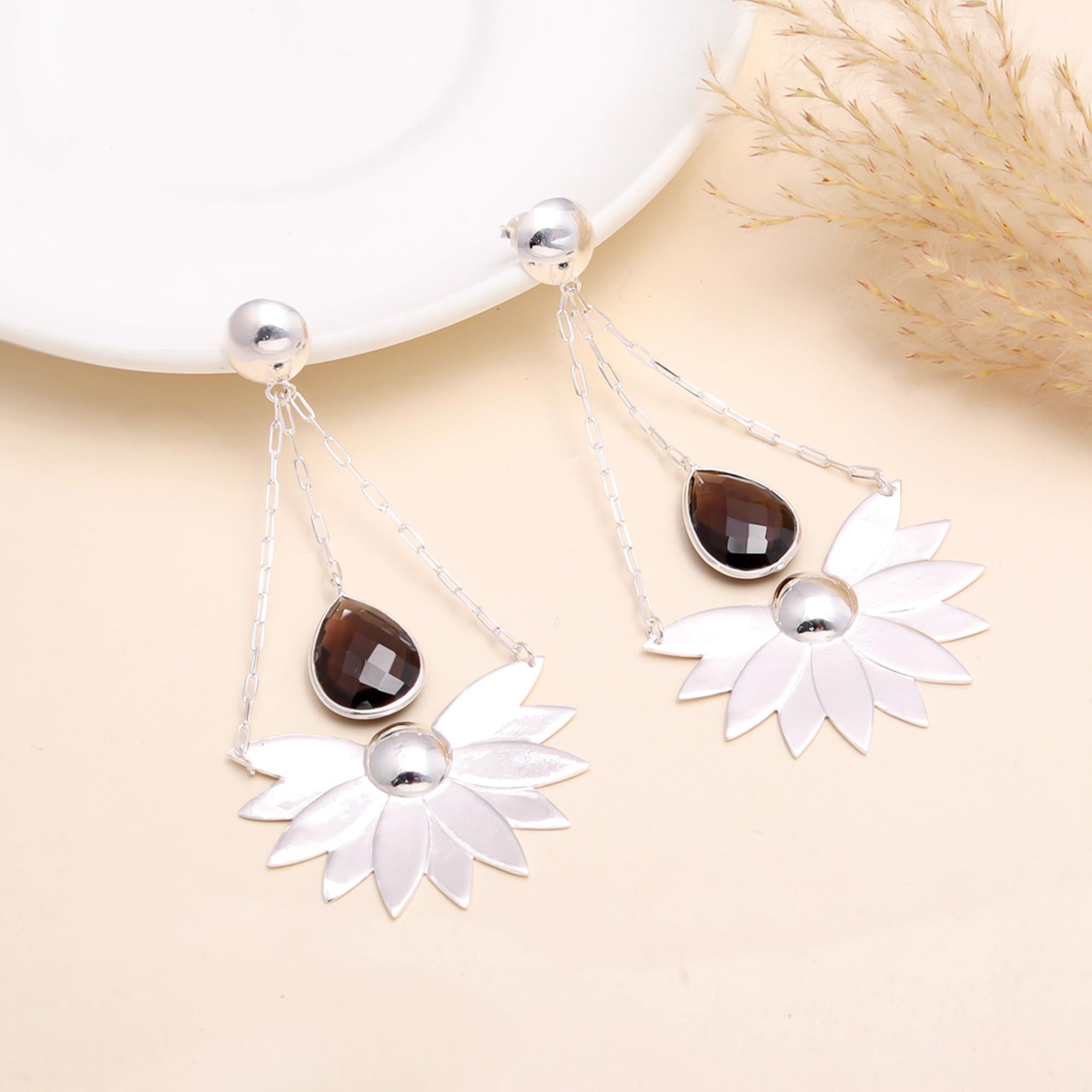 925 Sterling Silver Smoky Quartz Floral Dangle Earrings