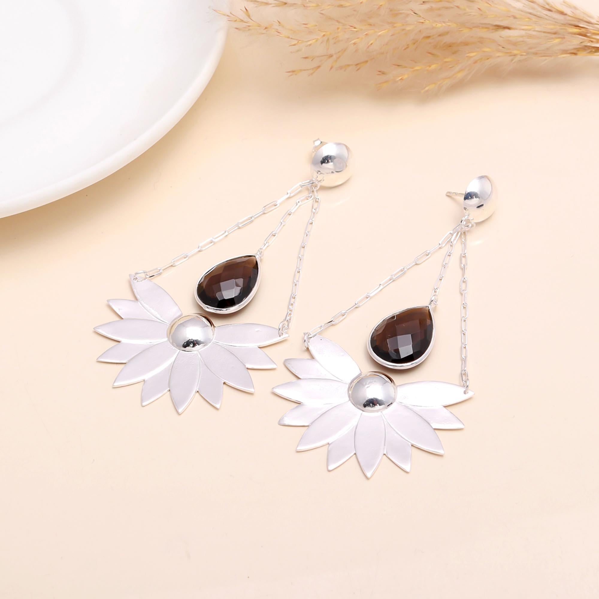 925 Sterling Silver Smoky Quartz Floral Dangle Earrings