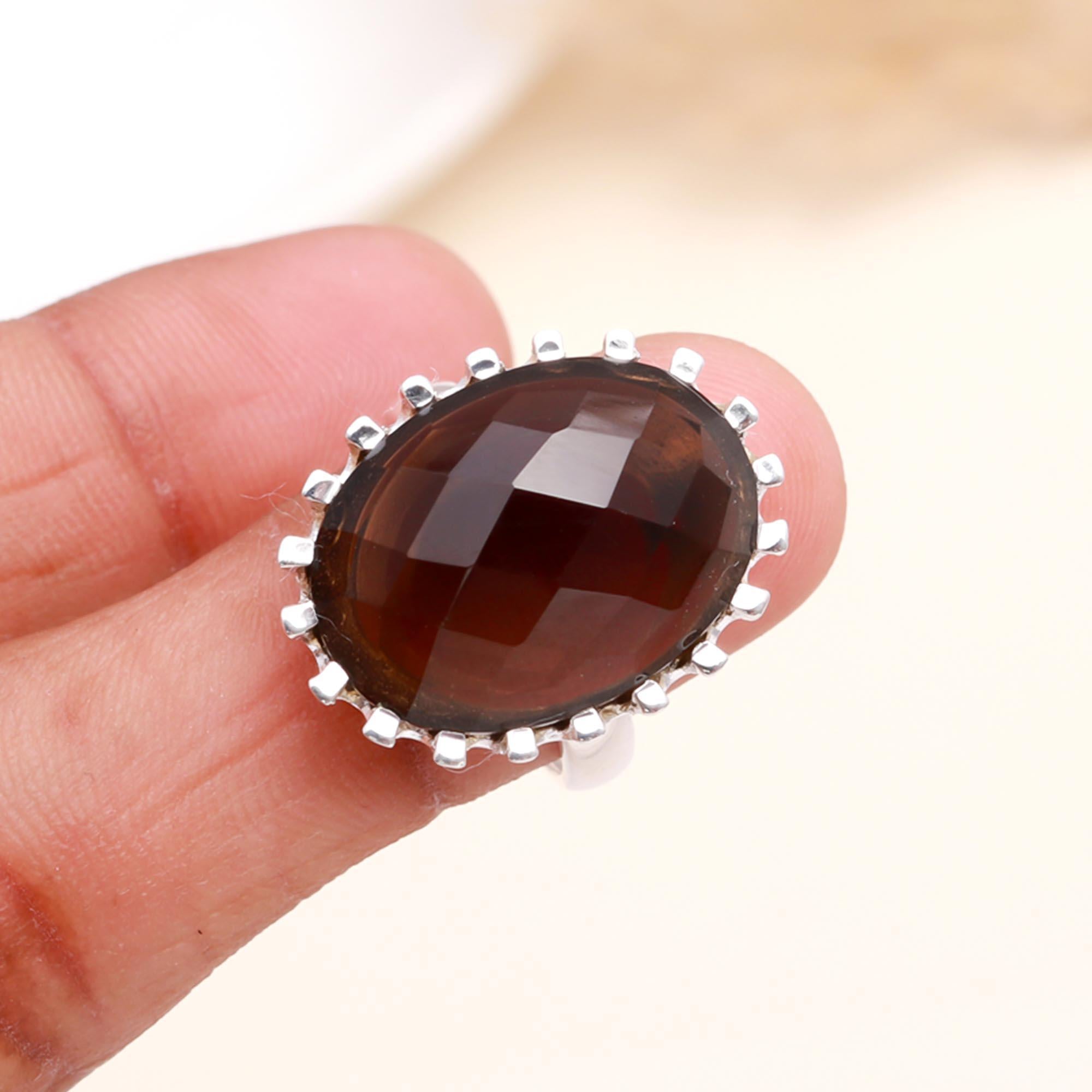 925 Sterling Silver Oval Smoky Quartz Statement Ring