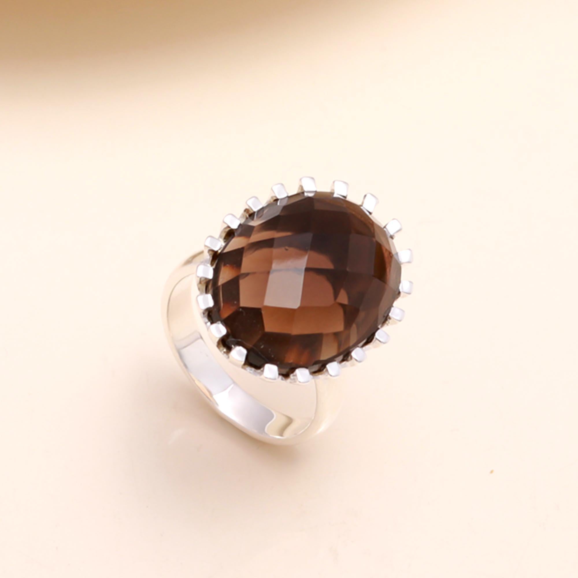 925 Sterling Silver Oval Smoky Quartz Statement Ring