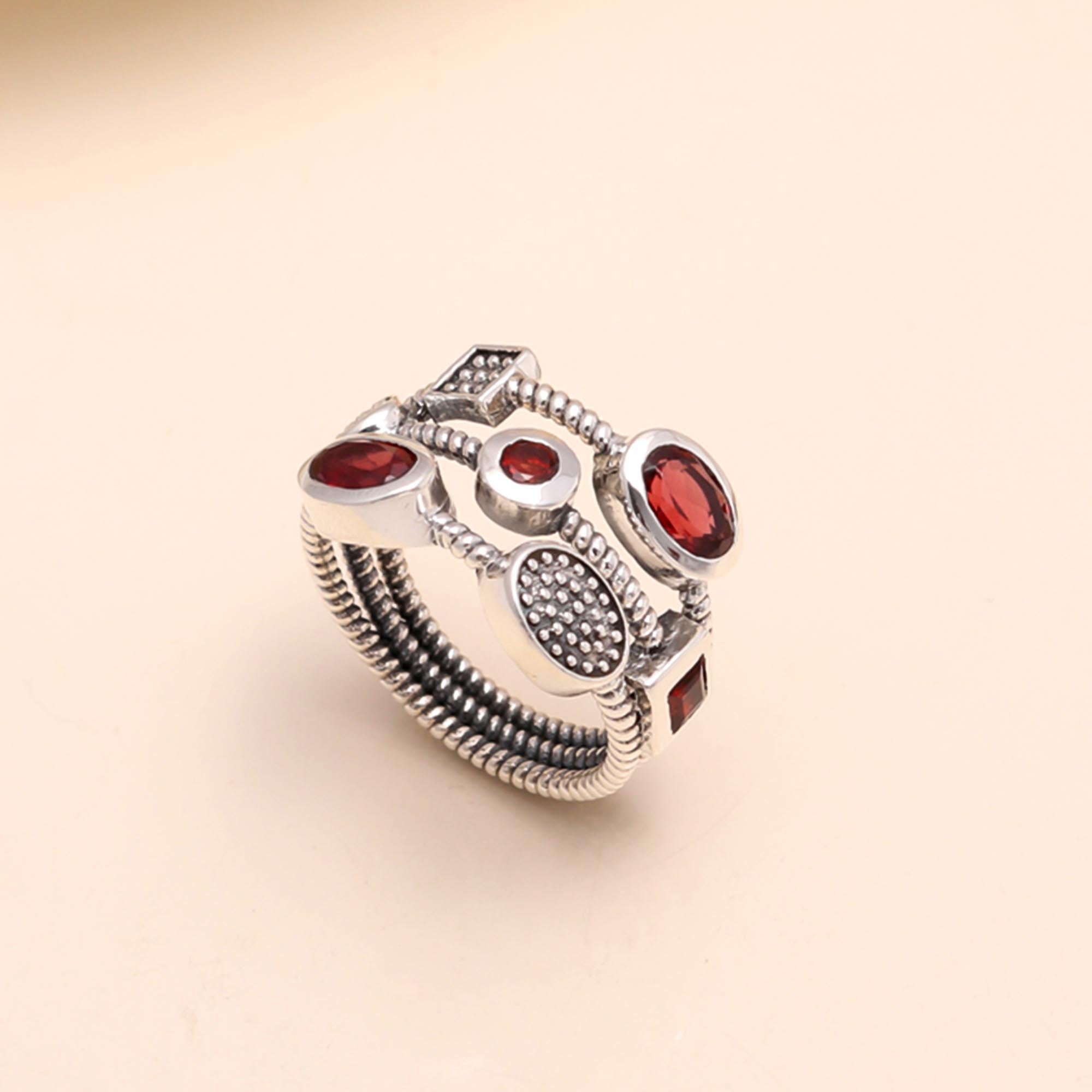 925 Sterling Silver Multi-Garnet Boho Statement Ring