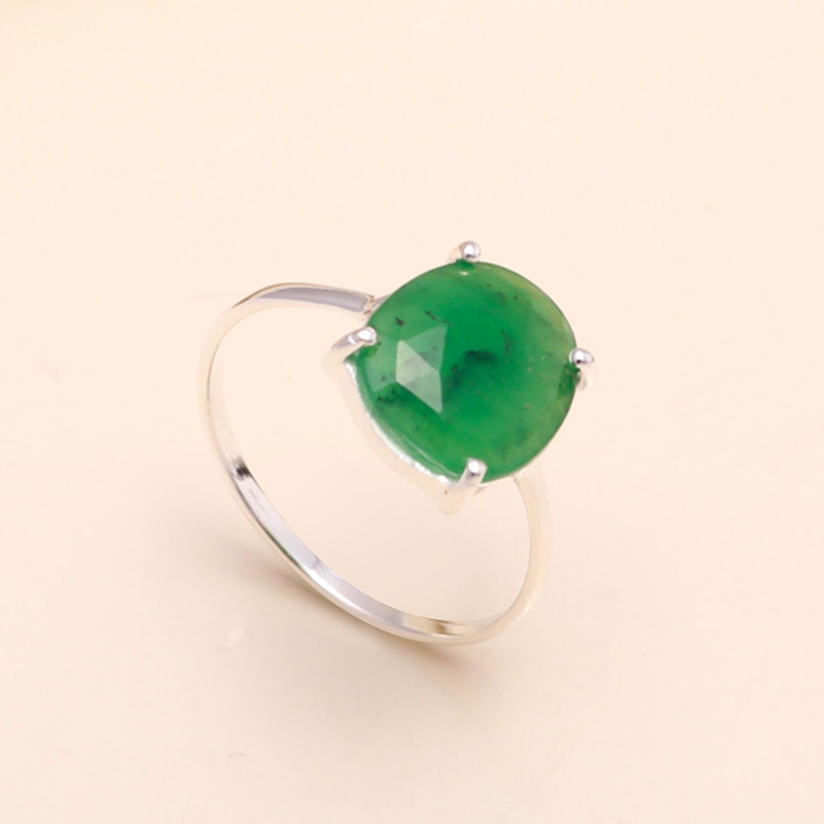 925 Sterling Silver Cushion-Cut Green Emerald Ring
