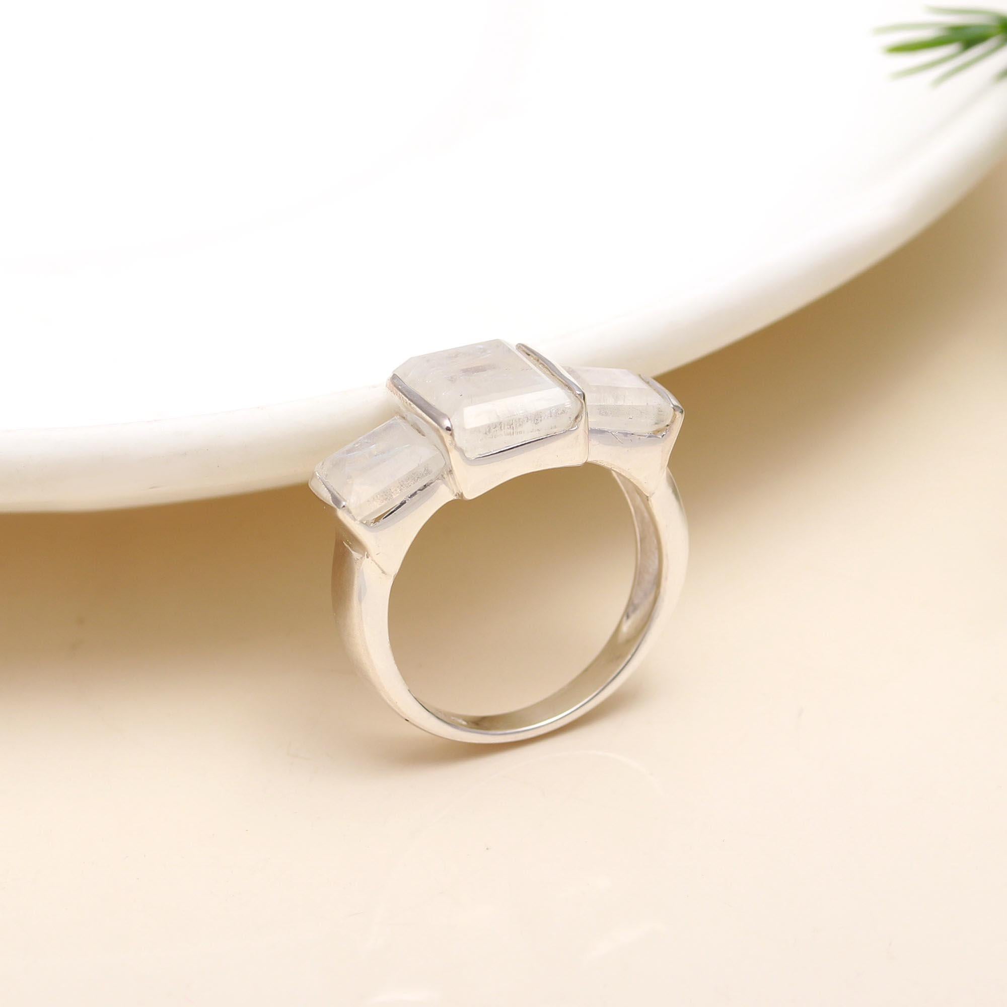 925 Silver Triple Rainbow Moonstone Ring
