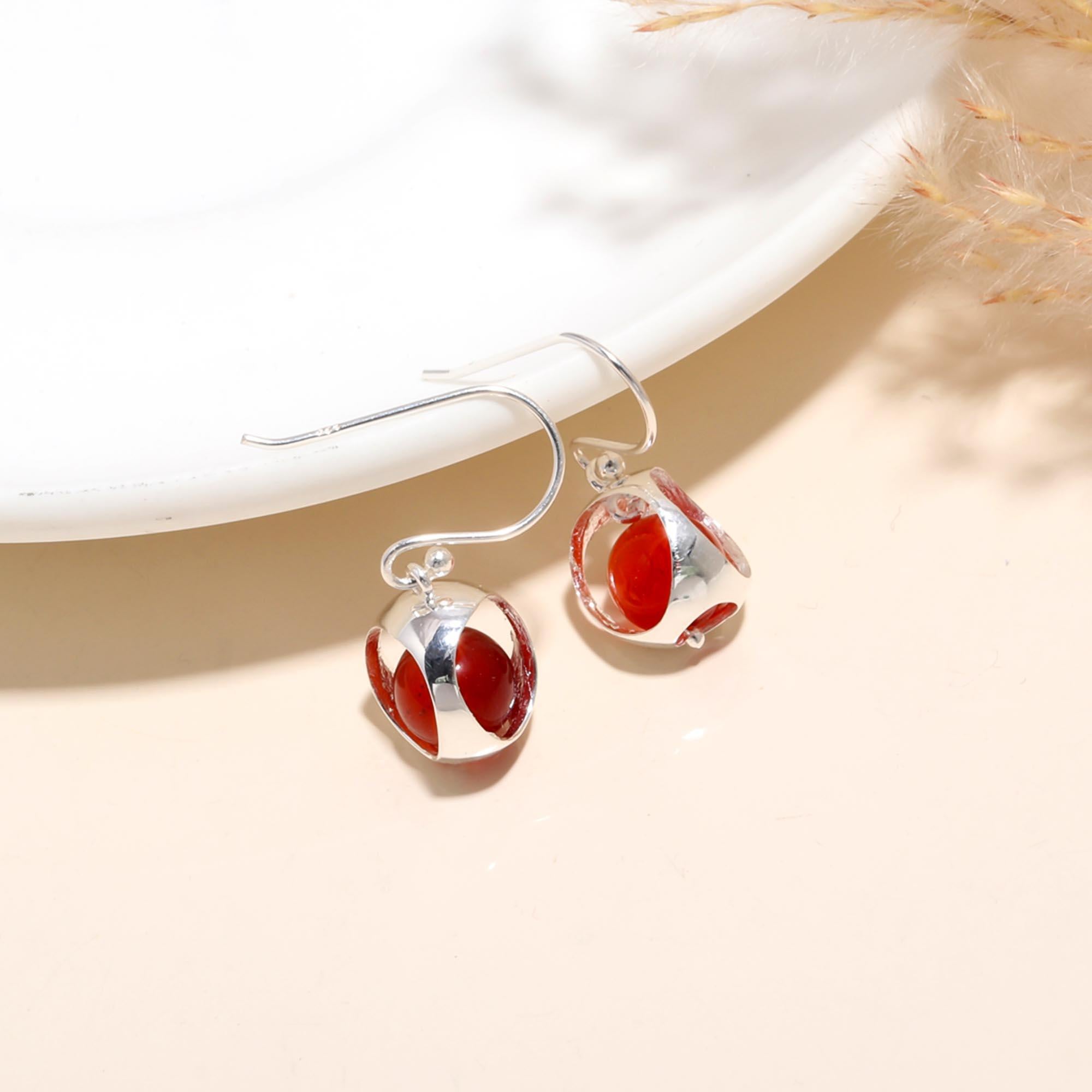 925 Sterling Silver Carnelian Unique Sphere Dangle Earrings