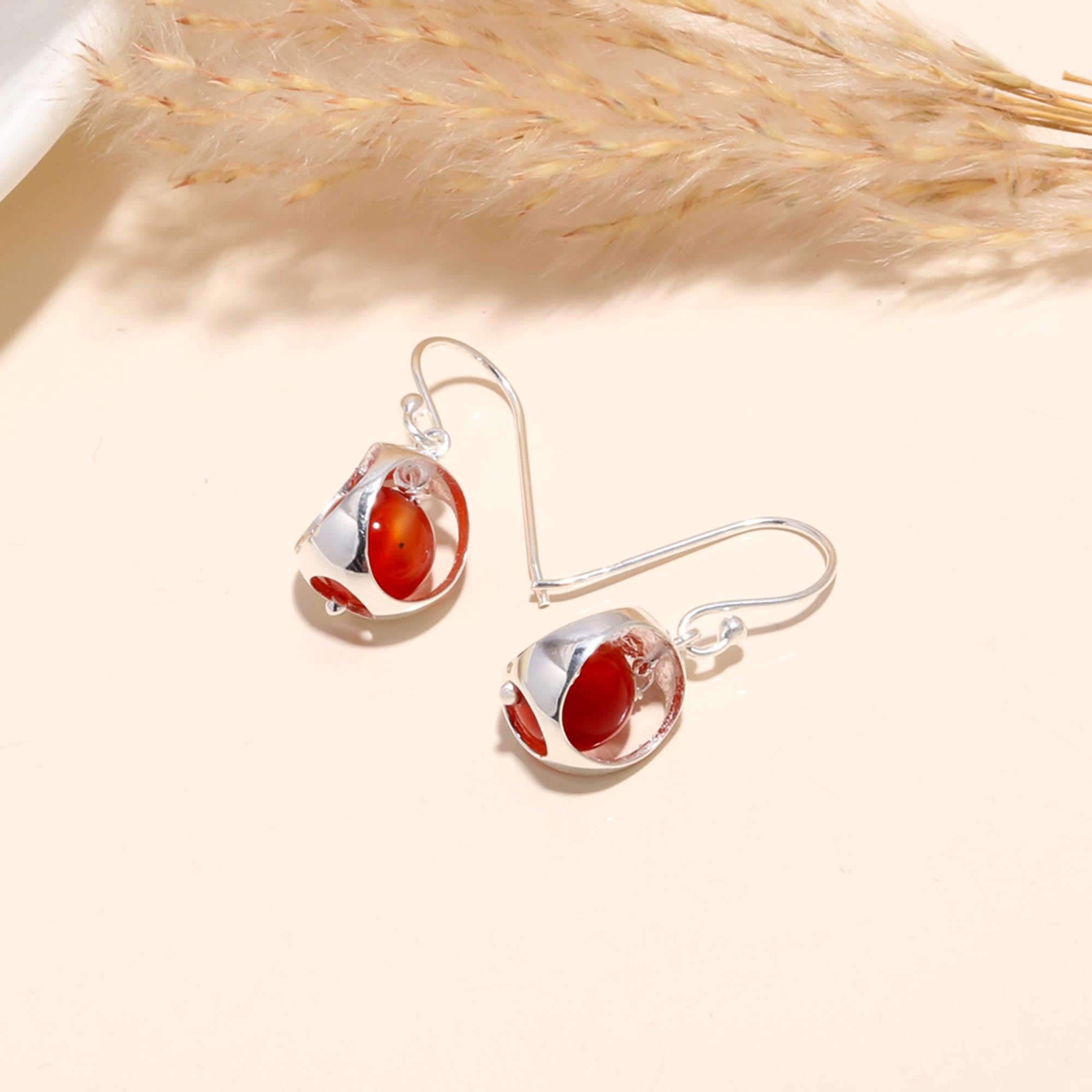 925 Sterling Silver Carnelian Unique Sphere Dangle Earrings