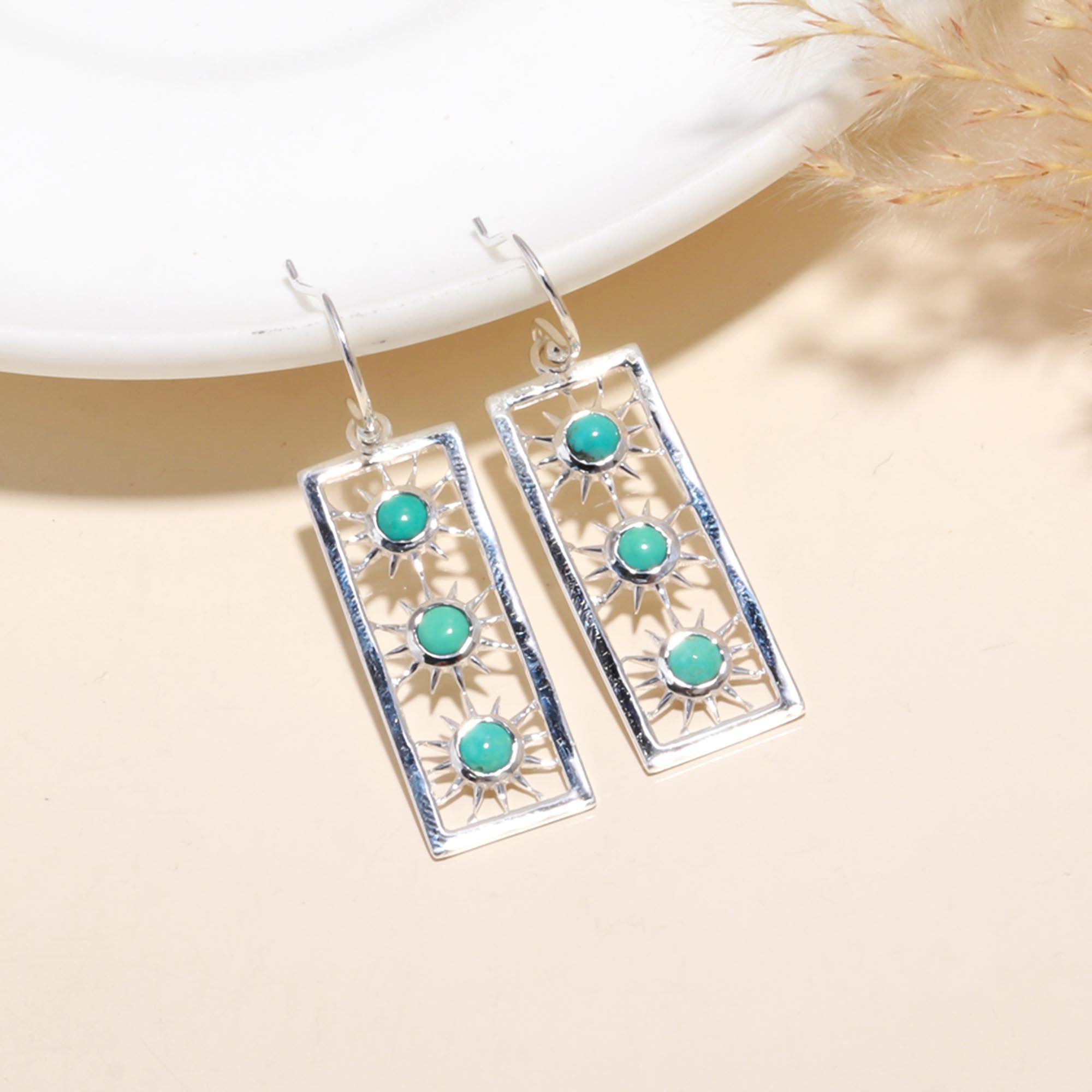 925 Sterling Silver Rectangle Turquoise Sunburst Dangle Earrings