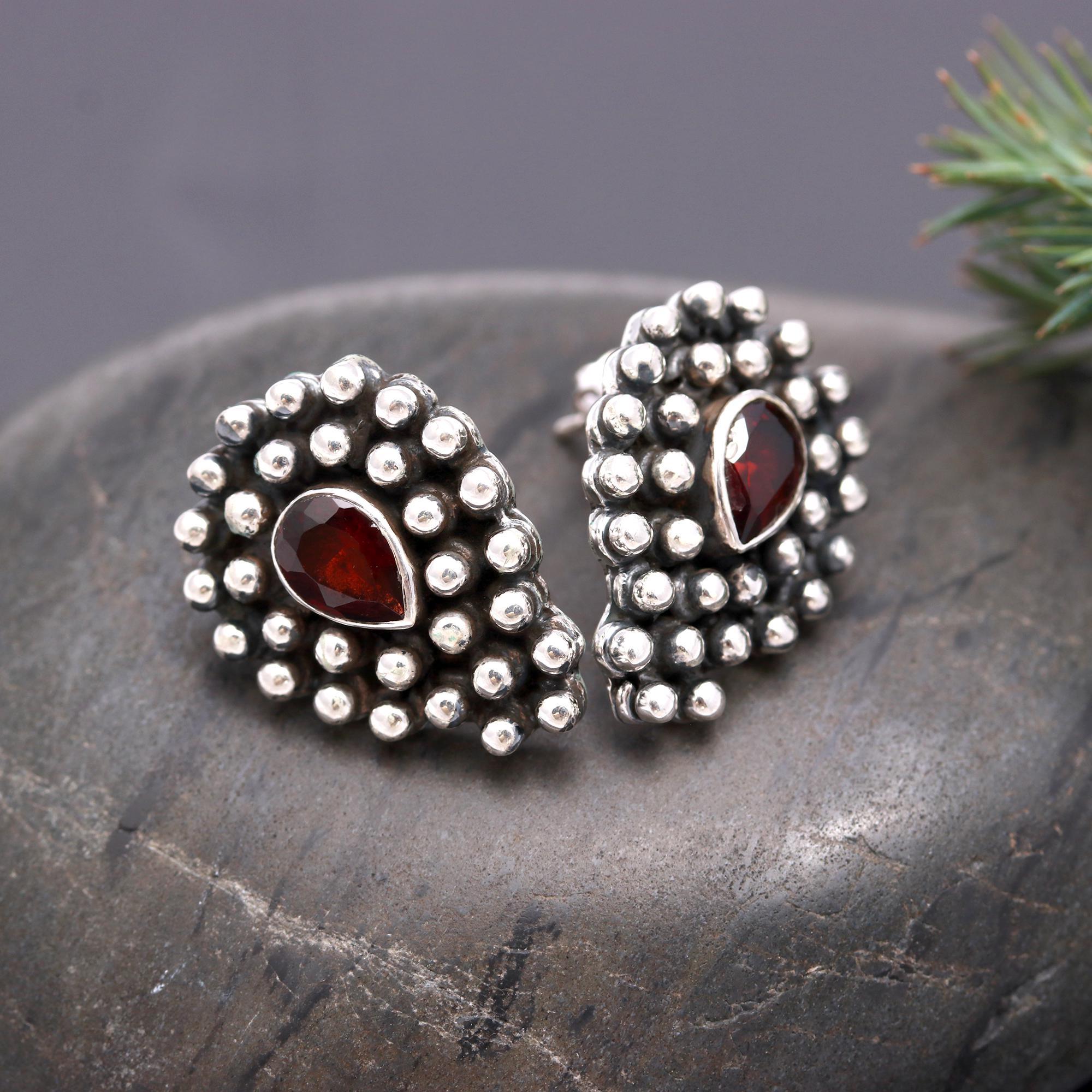 925 Silver Garnet & Beaded Design Stud Earrings