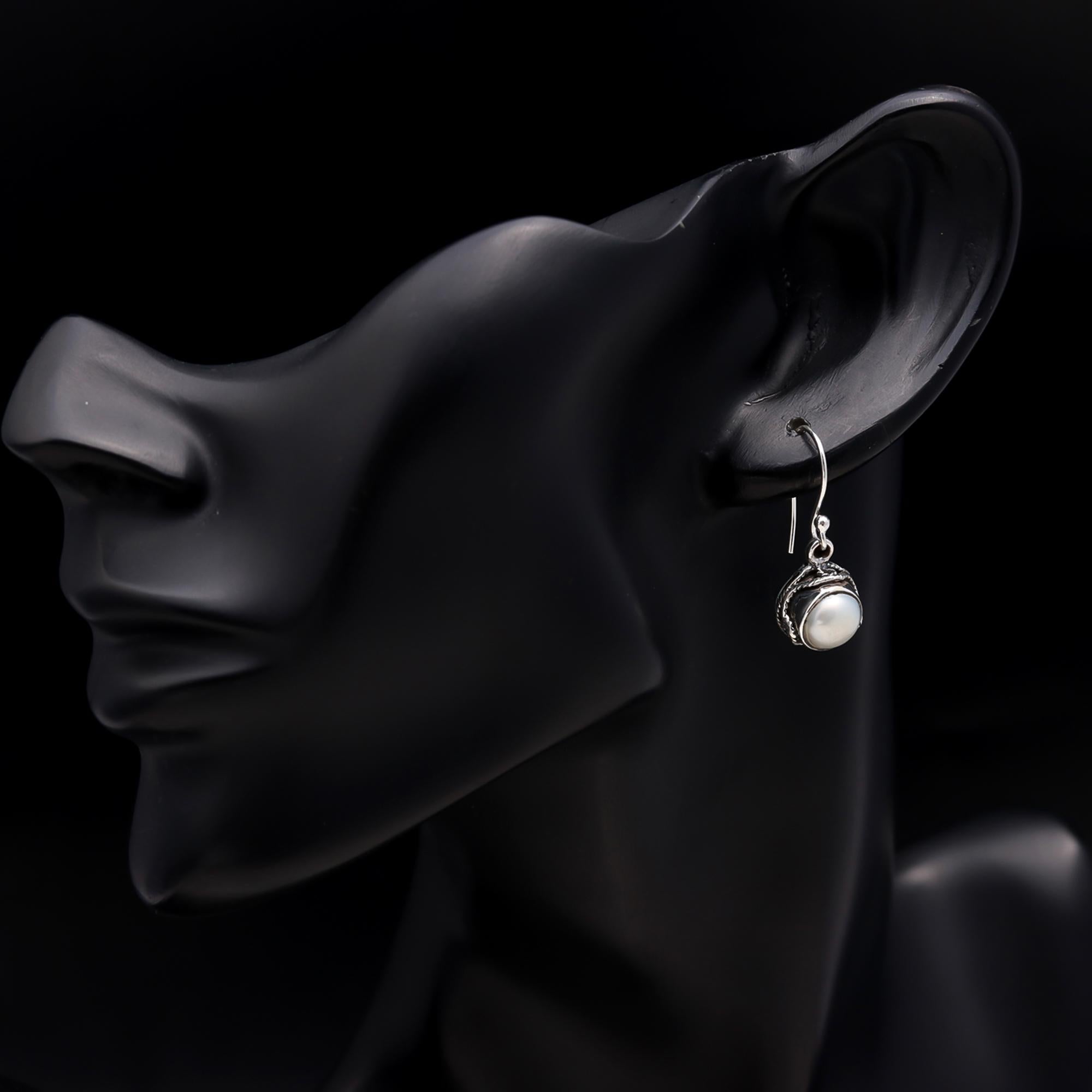 925 Silver Round White Pearl Drop Earrings