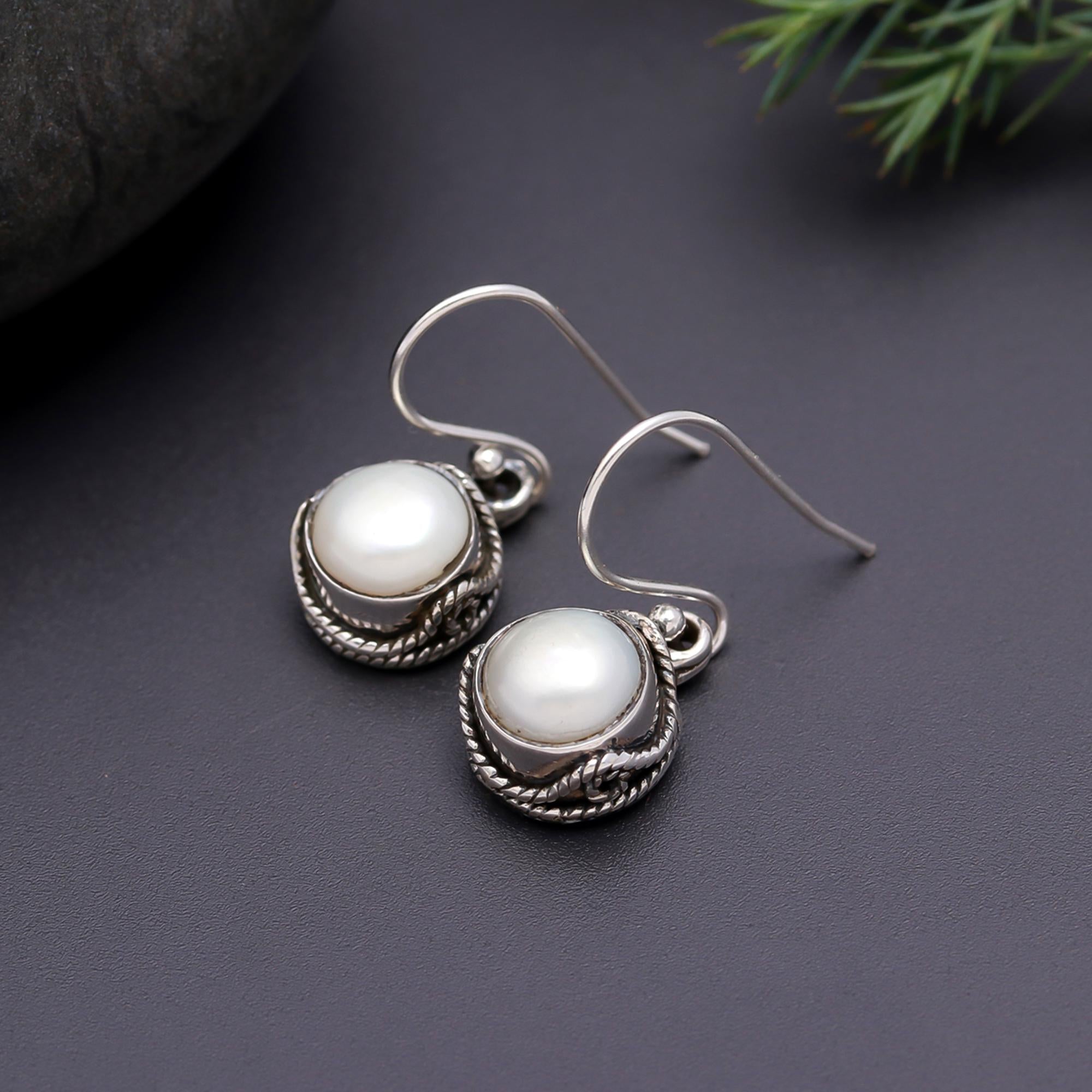 925 Silver Round White Pearl Drop Earrings