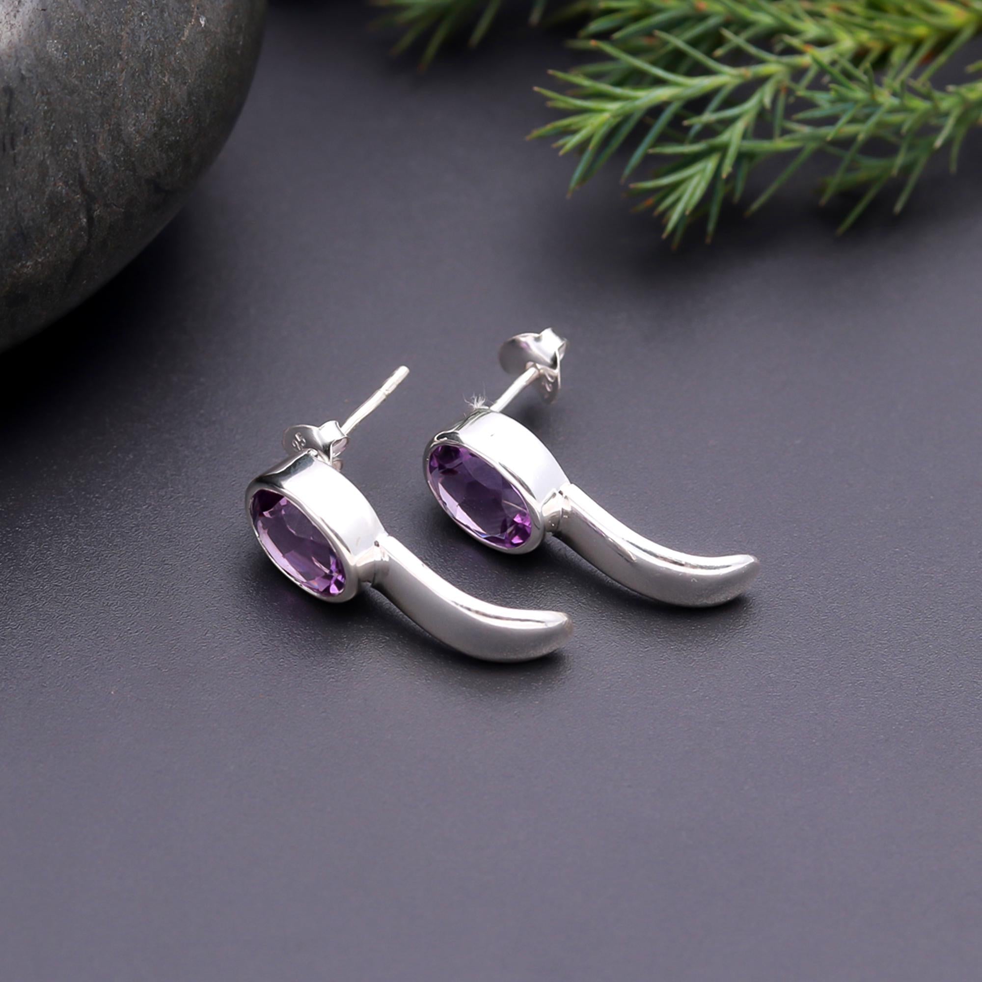 925 Silver Oval Amethyst Stud Earrings