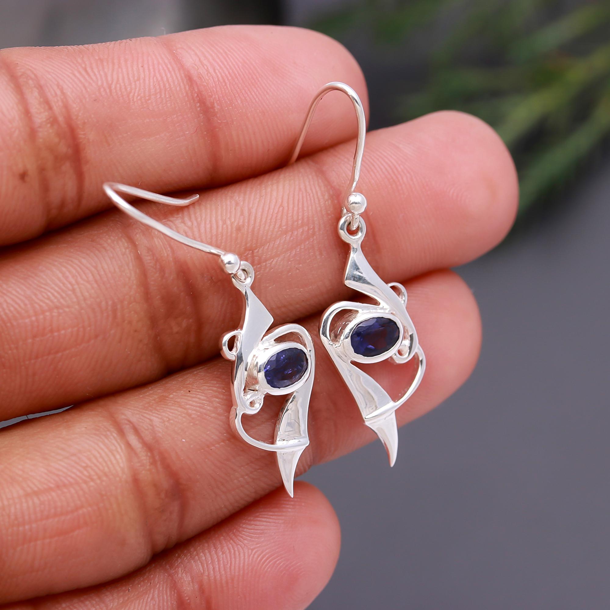 925 Silver Oval Iolite Drop Earrings