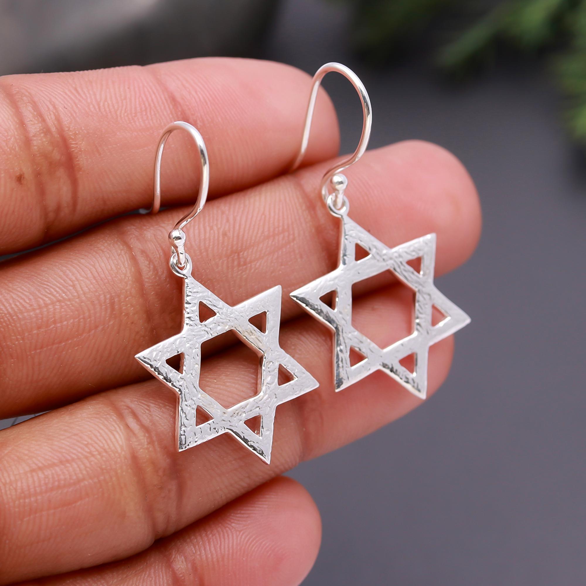 925 Silver Star of David Textured Drop Earrings