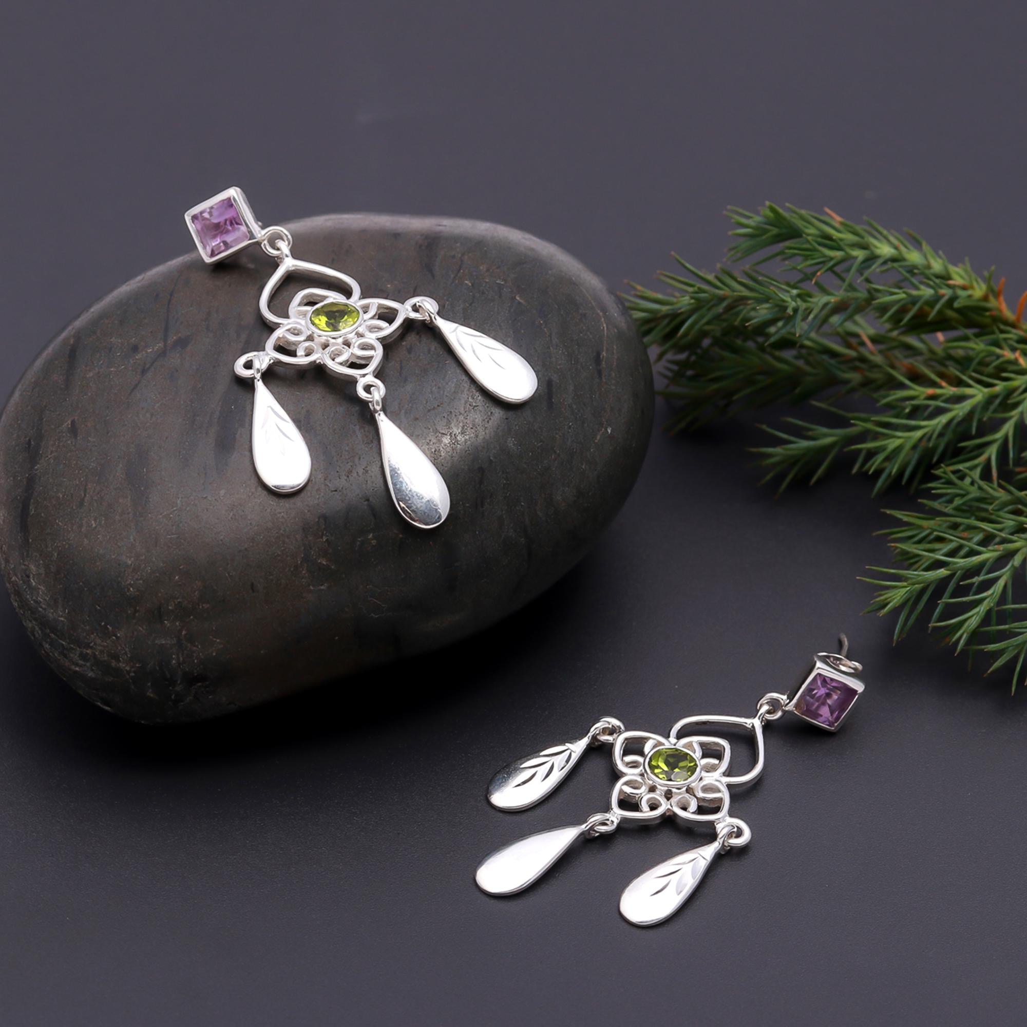 925 Silver Floral Peridot and Amethyst Dangle Earrings
