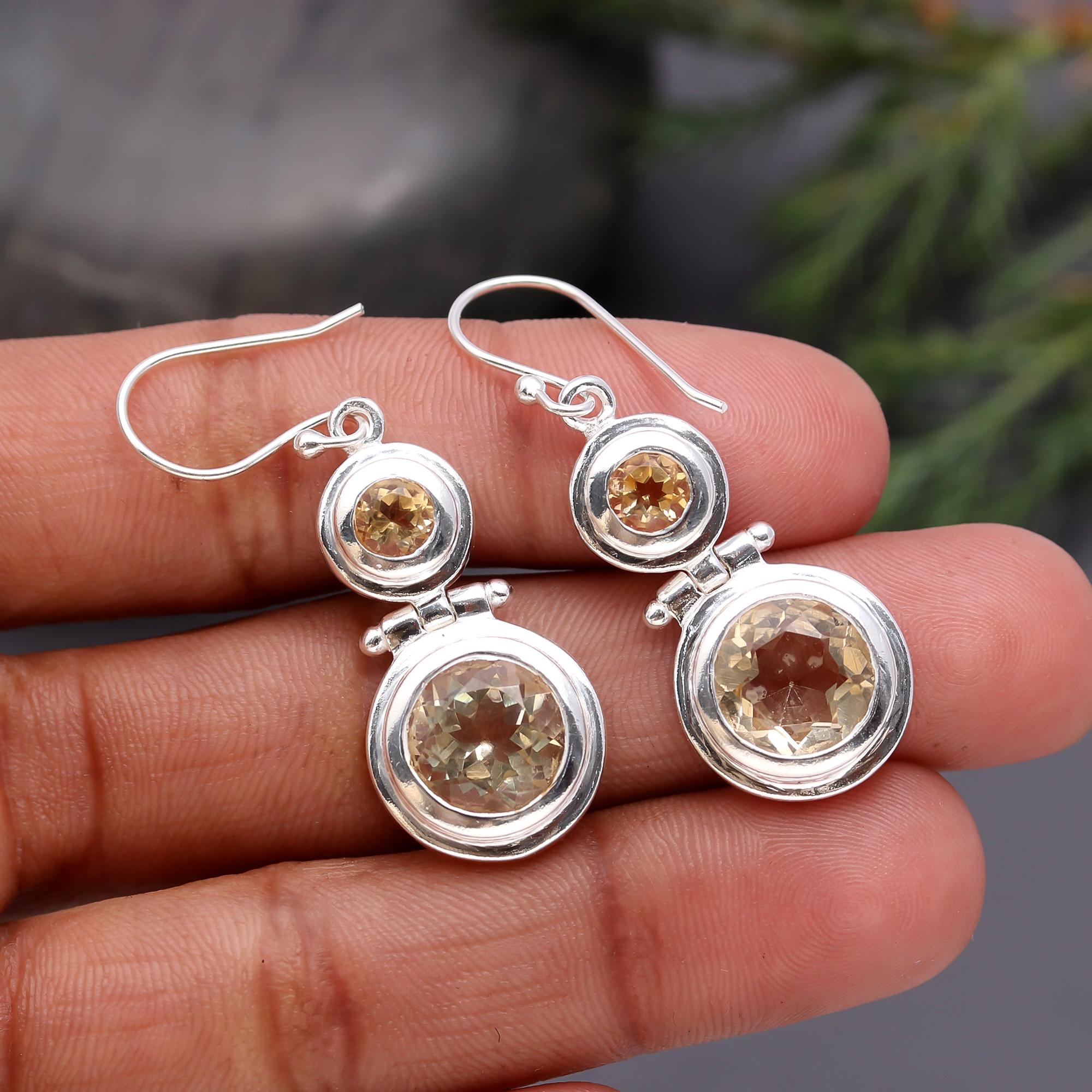 925 Silver Double Circle Faceted Citrine Dangle Earrings