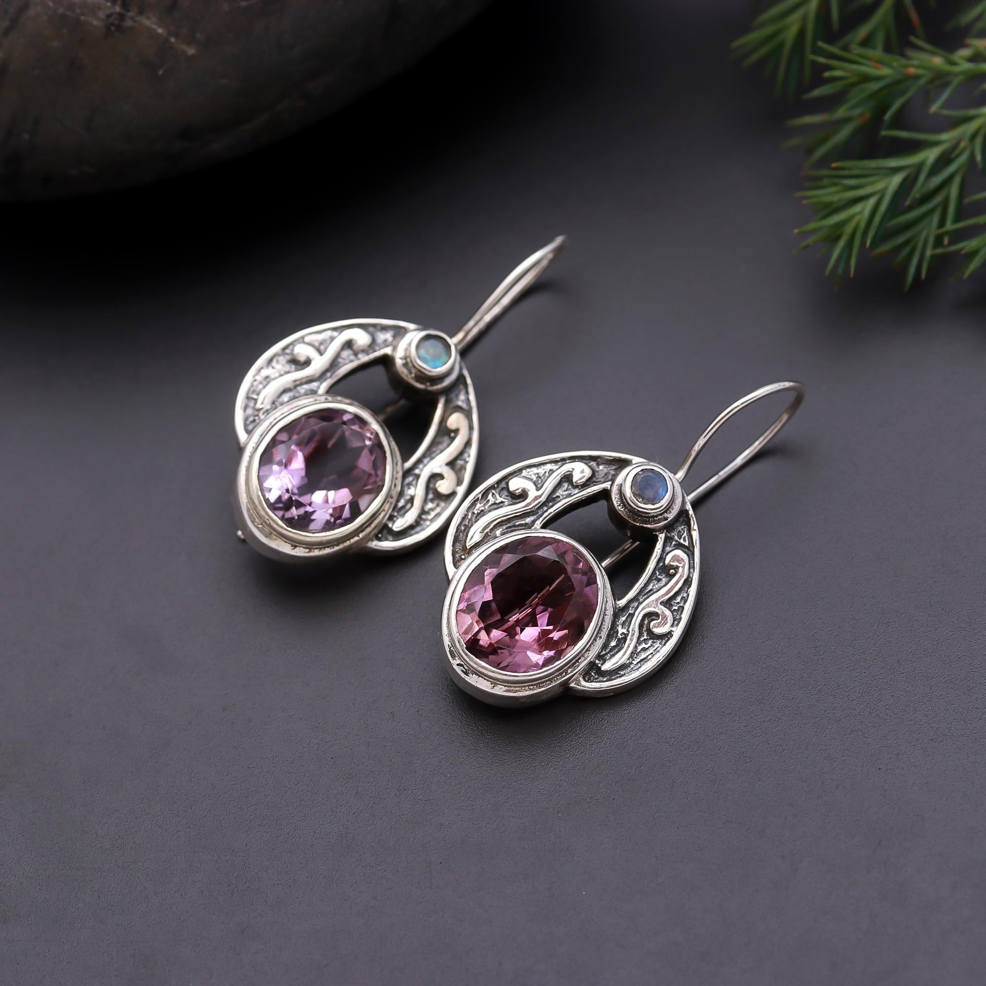 925 Silver Amethyst and Moonstone Dangle Earrings