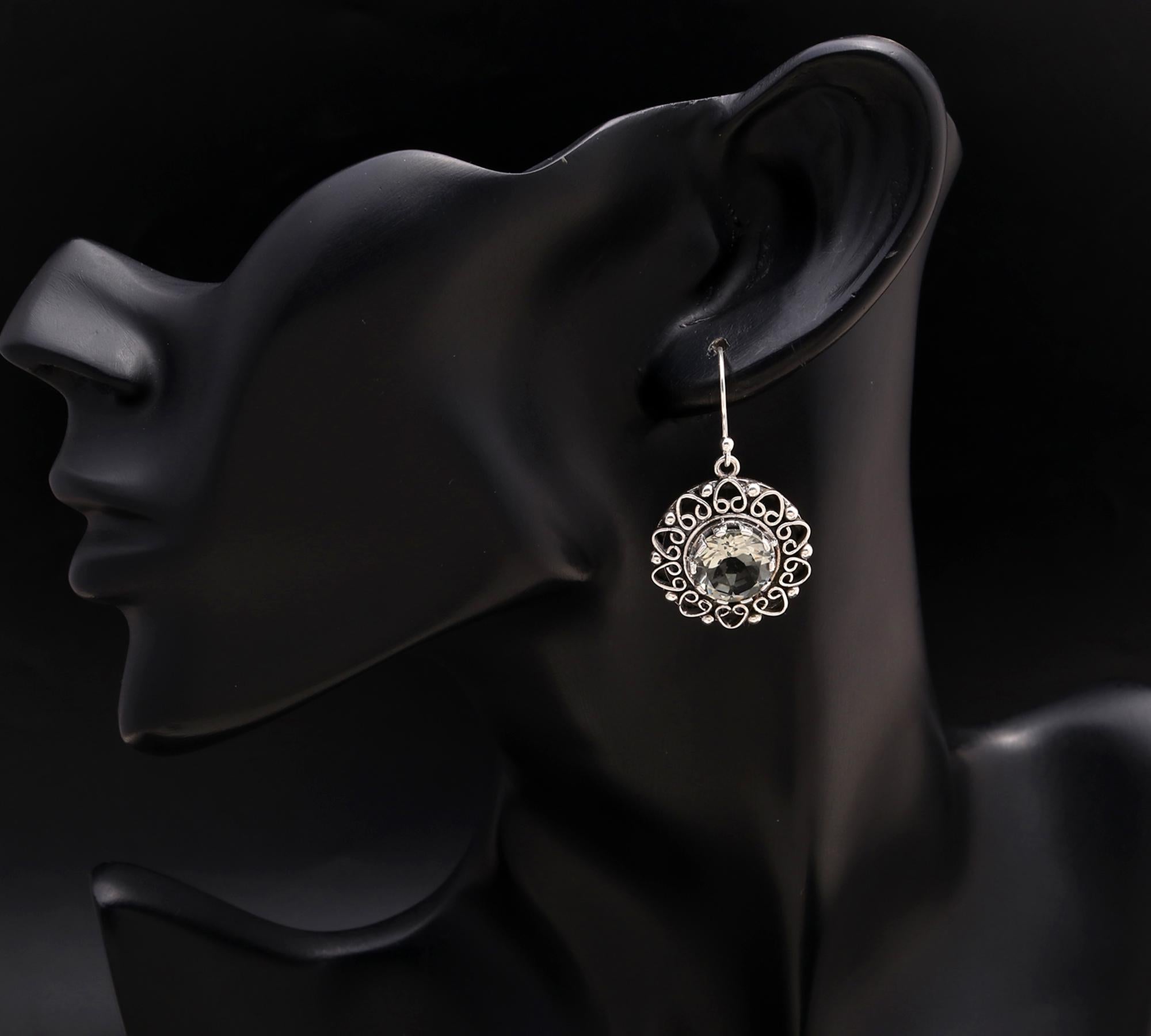 925 Silver Filigree Green Amethyst Dangle Earrings