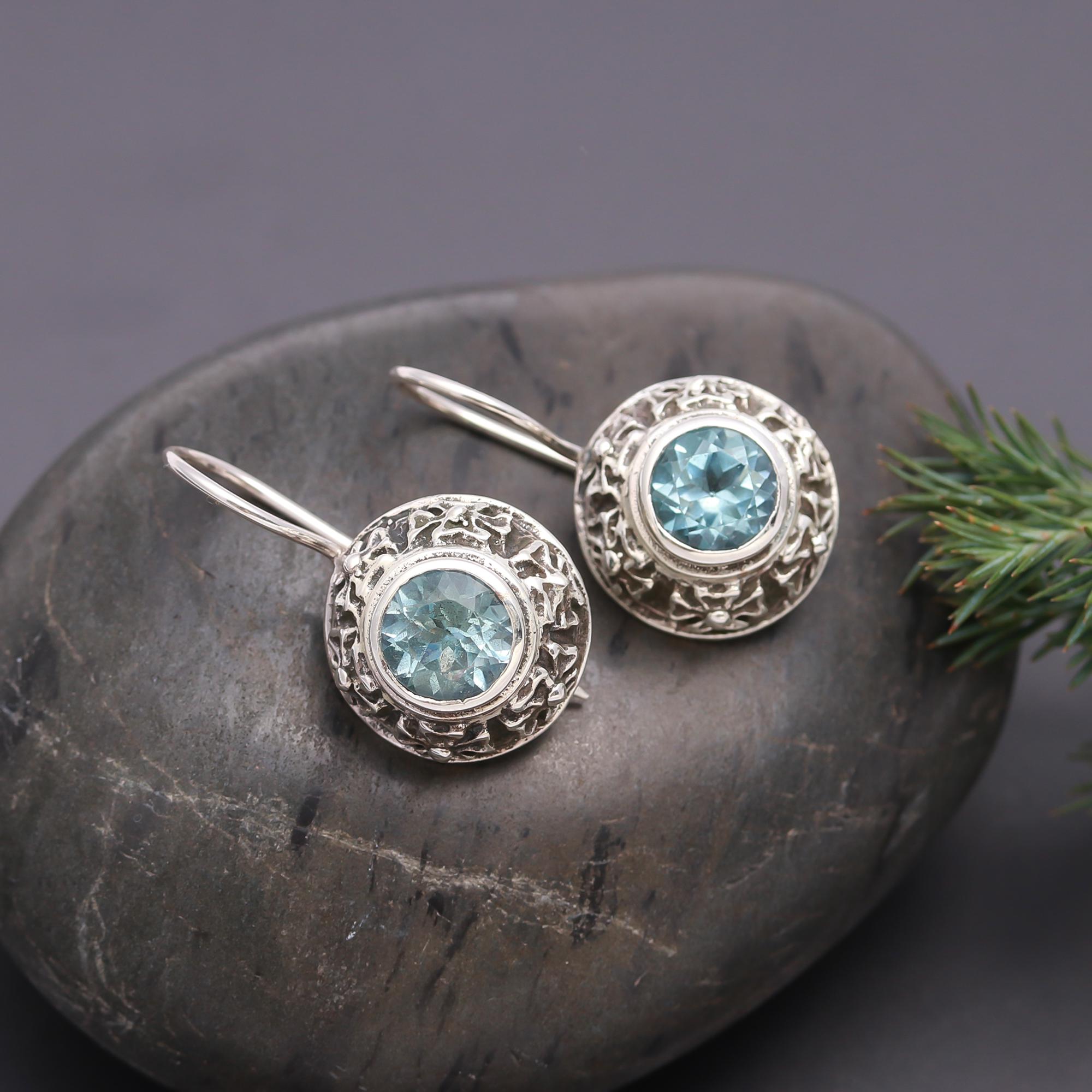 925 Silver Blue Topaz Textured Frame Dangle Earrings