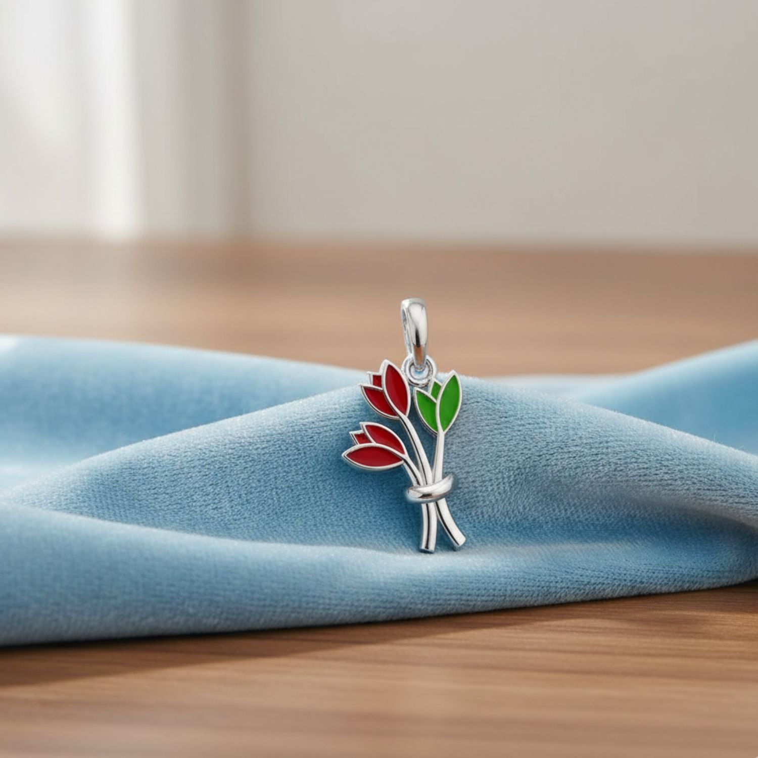 925 Sterling Silver Red & Green Enamel Floral Charm Tulip Pendant