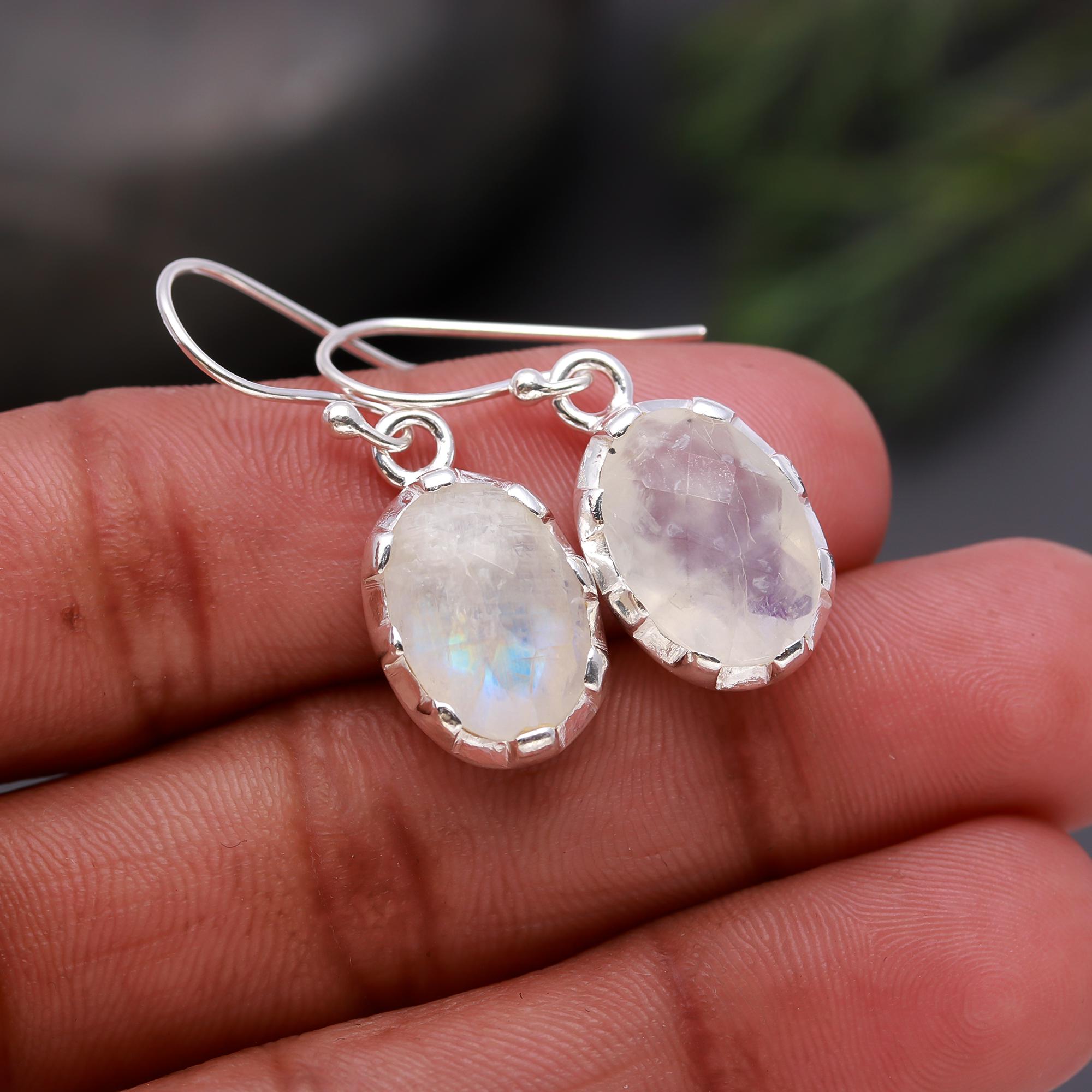 925 Silver Rainbow Moonstone Dangle Earrings
