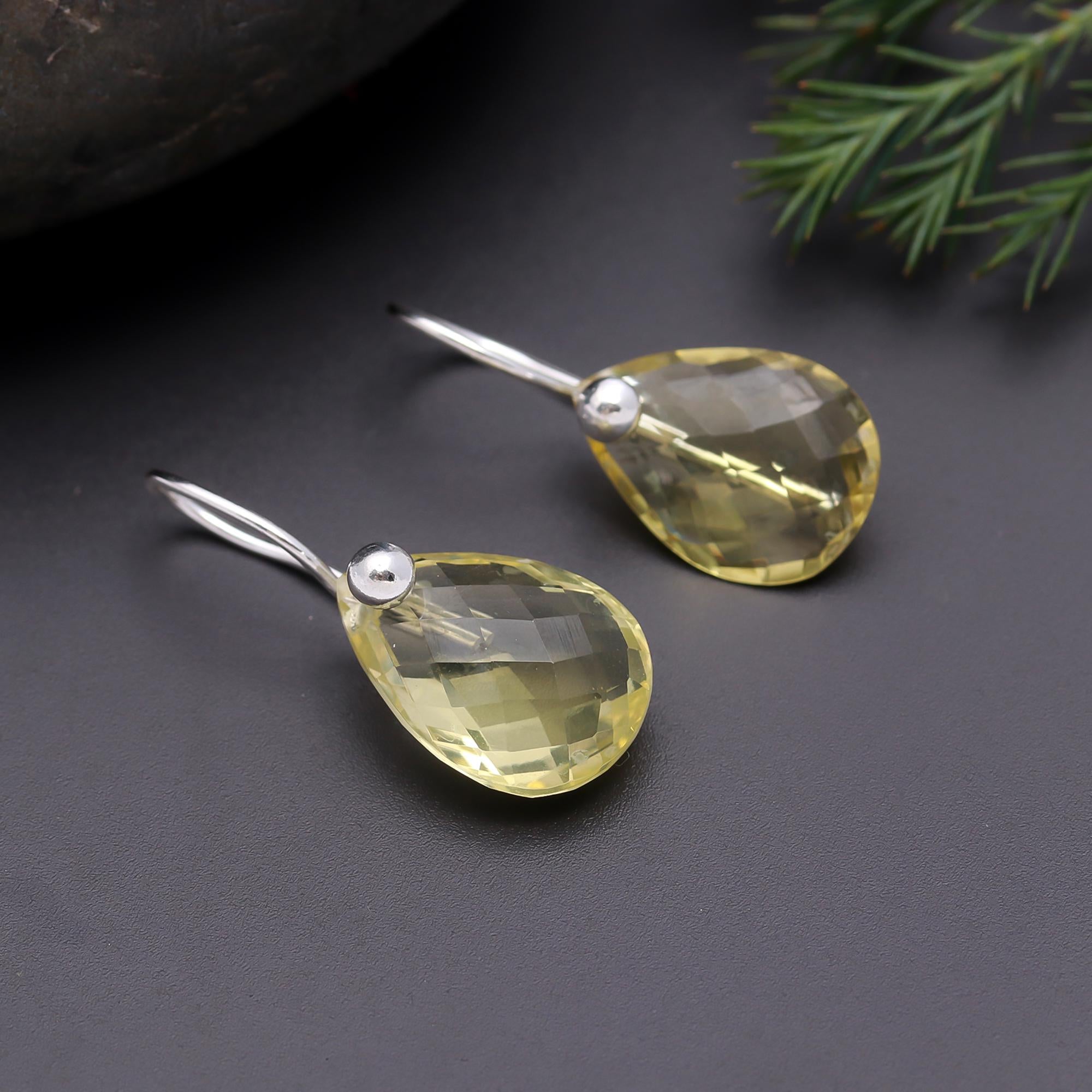 The Lemon Dewdrops: Lemon Quartz Teardrop Silver Earrings