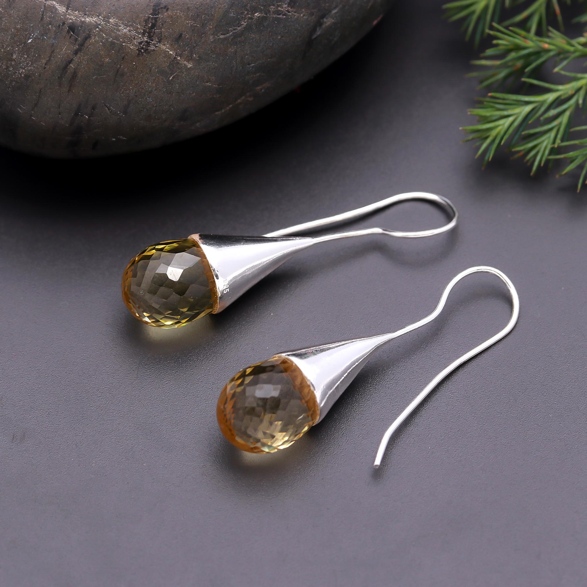925 Silver Cone Faceted Citrine Dangle Earrings