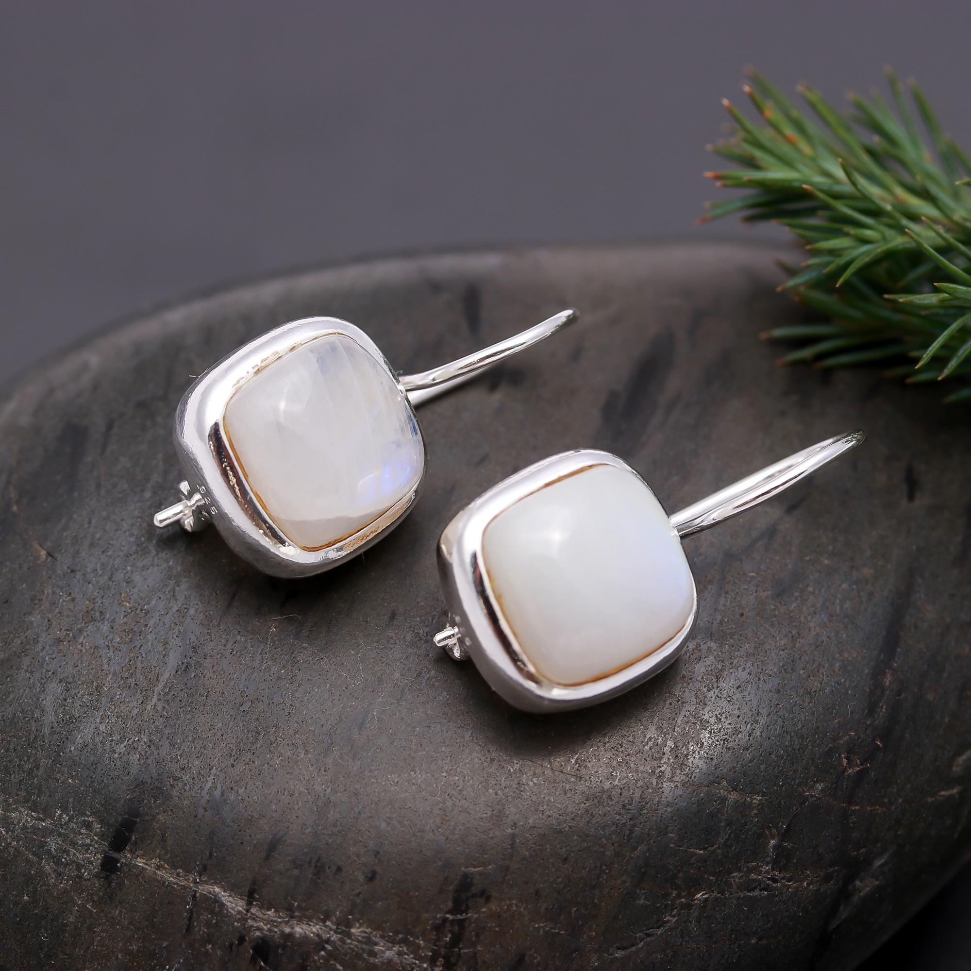 925 Silver Cushion Rainbow Moonstone Dangle Earrings