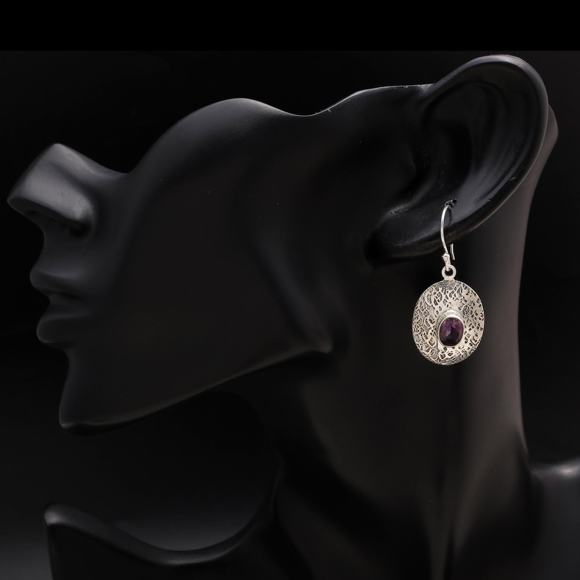 925 Silver Textured Oval Amethyst Dangle Earrings