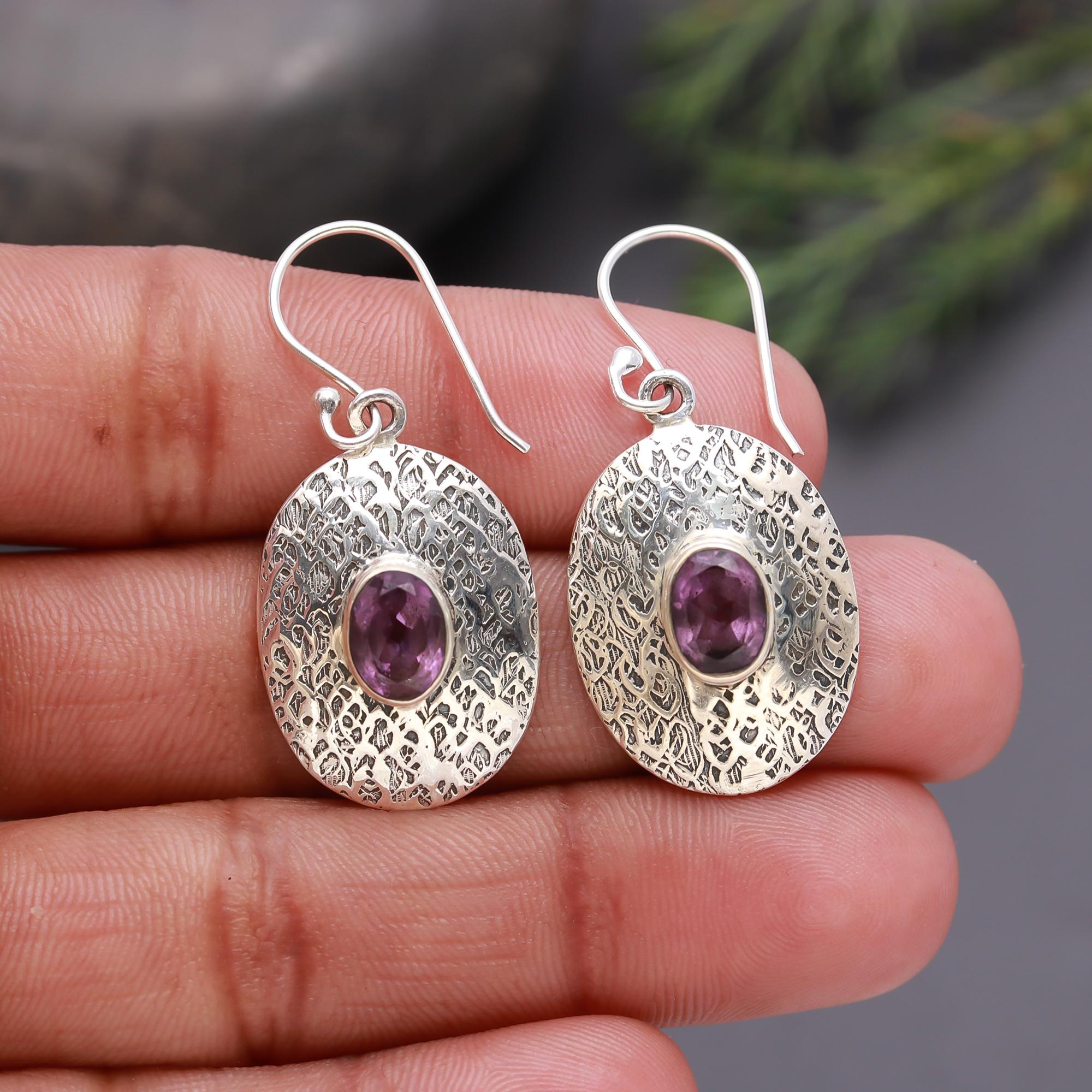 925 Silver Textured Oval Amethyst Dangle Earrings