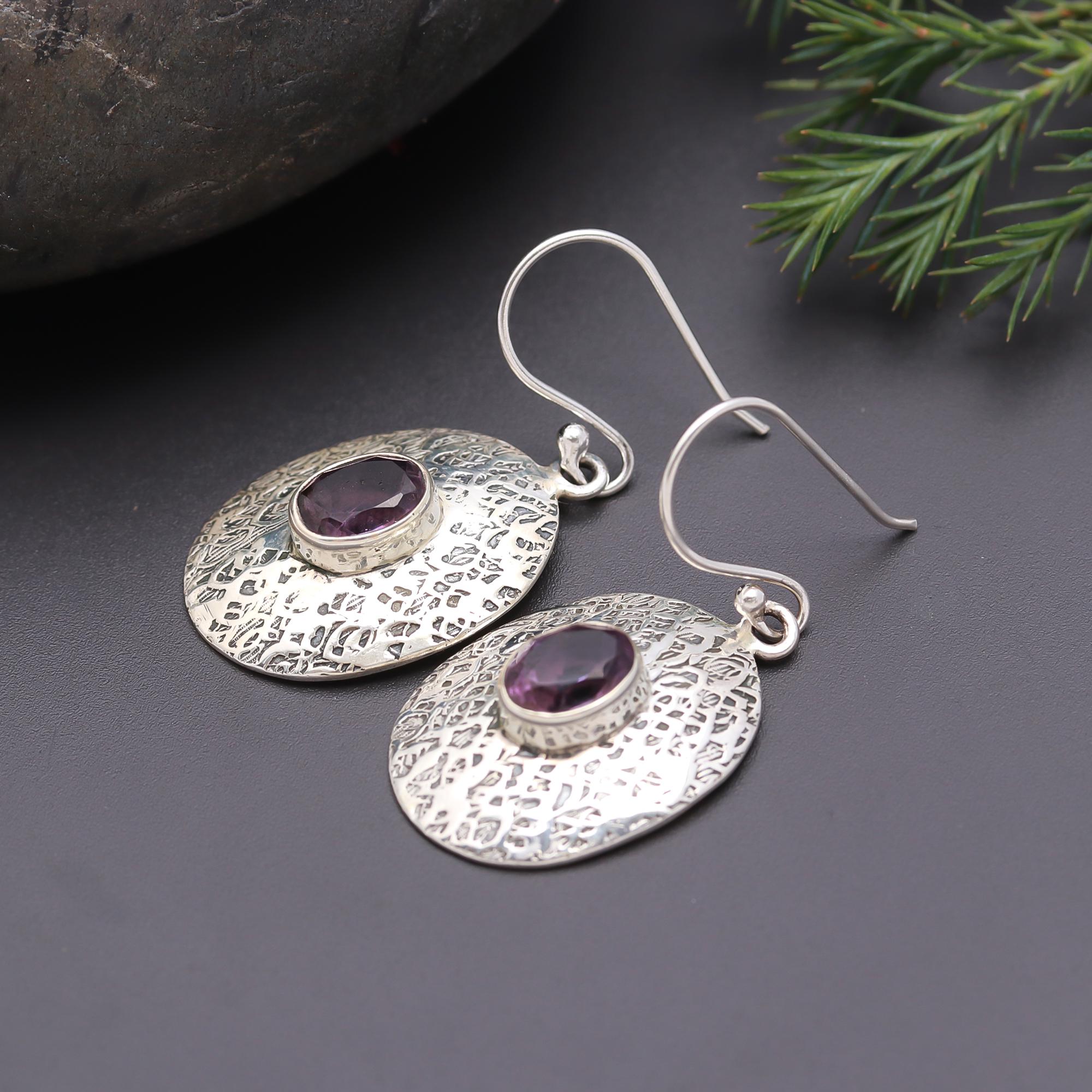 925 Silver Textured Oval Amethyst Dangle Earrings